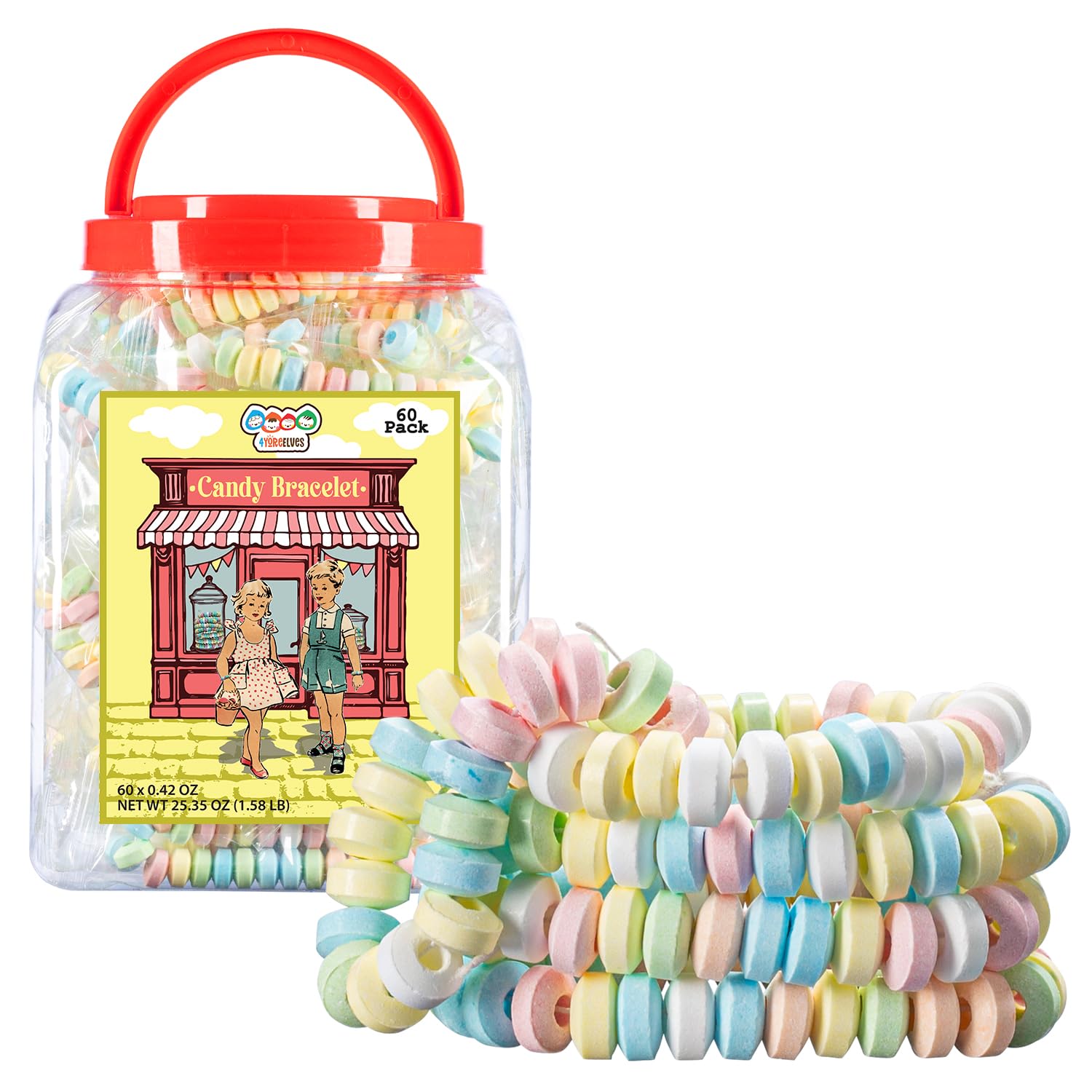 60 Candy Bracelets Individually Wrapped, Stretchable Vintage Candy Jewelry for Kids, The Perfect Pastel Addition to your Candy Buffet, Princess-Themed Party or Goody Bags, by 4YoreElves, Pack of 60 x 0.42oz