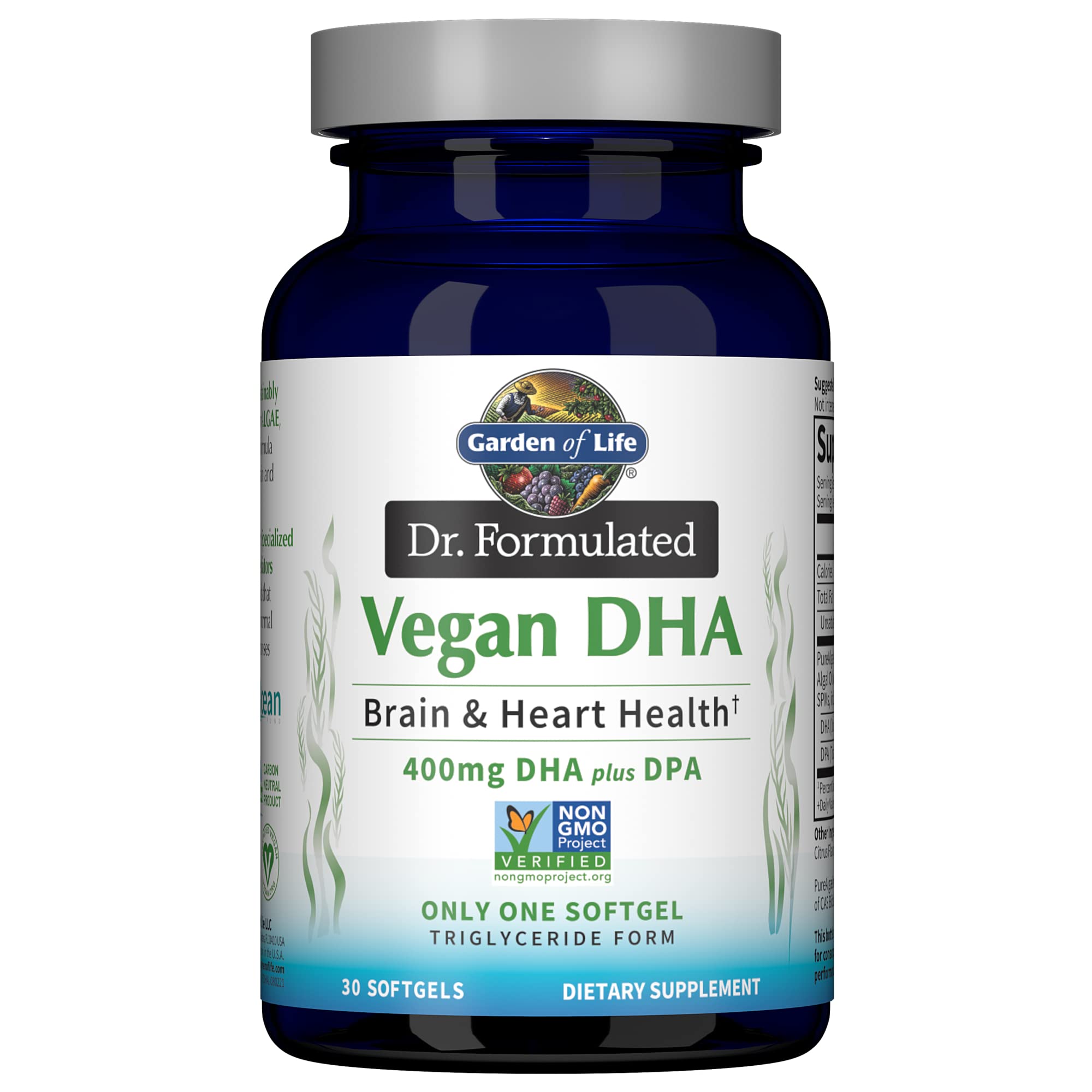 Garden of Life Omega 3 Vegan DHA Supplements Dr. Formulated Vegan DHA, 400mg DHA & 90mg DPA in Triglyceride Form from a Single Source, Omega 3 Supplement for Women's and Men's Health, 30 Softgels