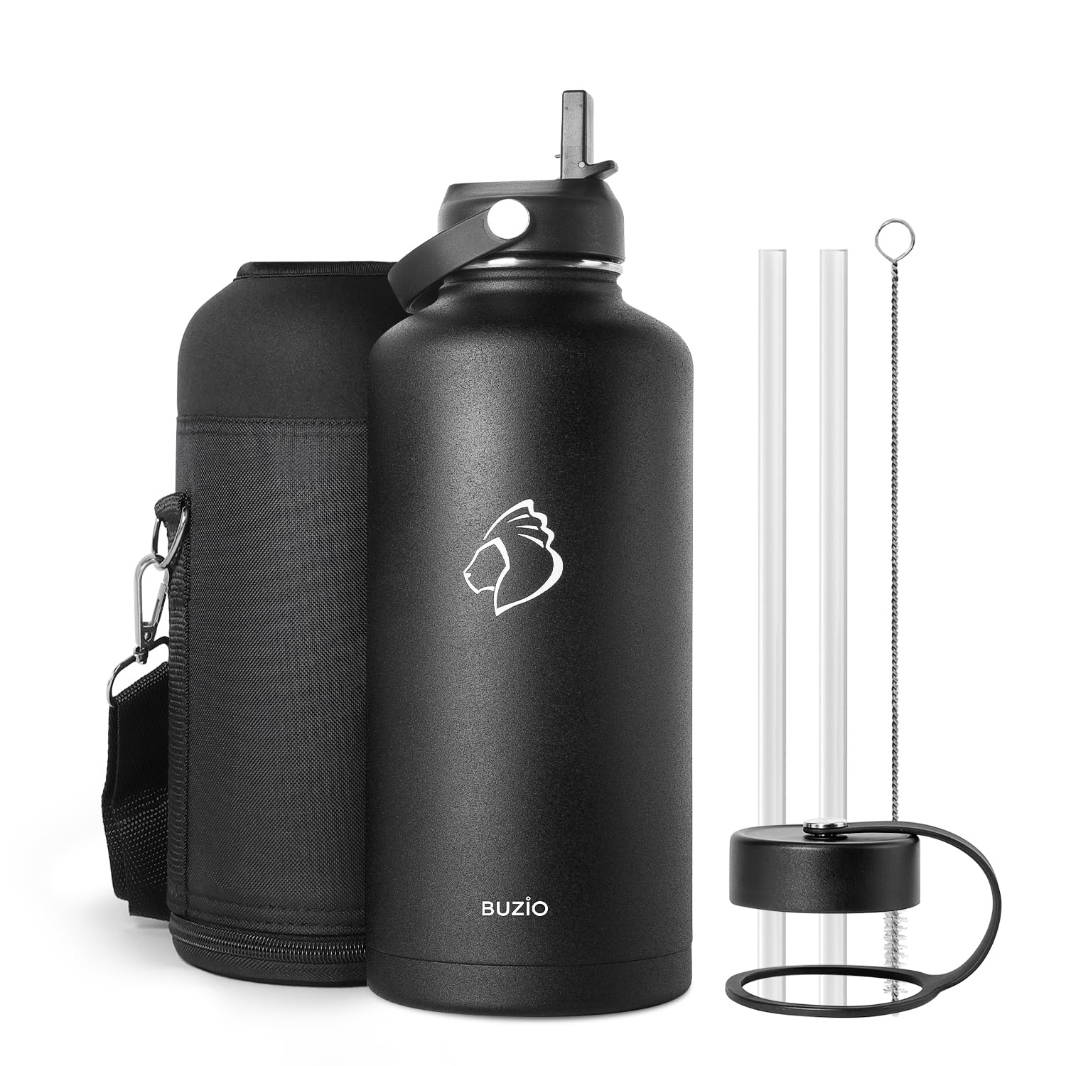 BUZIO Insulated Water Bottle with Straw Lid and Flex Cap,87oz Modern Double Vacuum Stainless Steel Water Flask, Cold for 48 Hrs Hot for 24 Hrs Simple Thermo Canteen Mug, Black