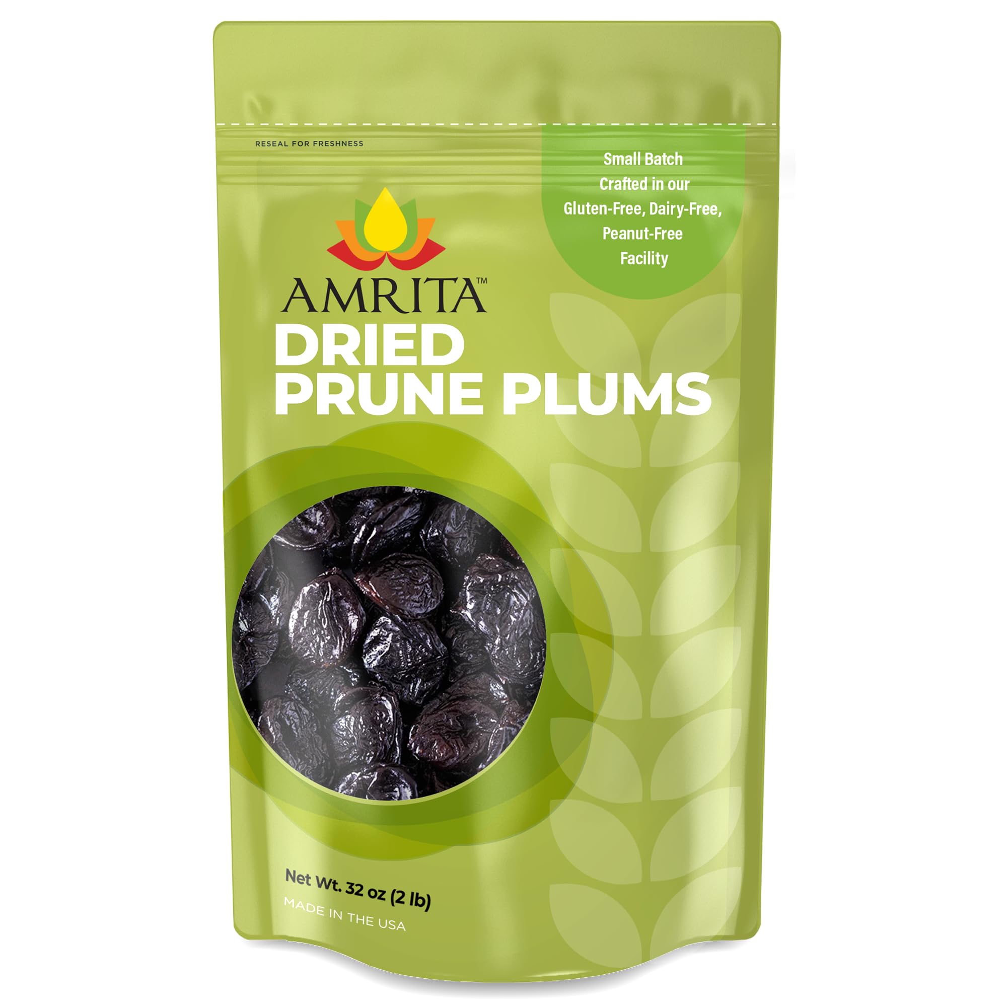 Amrita Dried Plums Pitted Prunes 2 lb | Gluten-Free Snack | Dried Prune Plums Packed Fresh in Resealable Bags | Vegan, non-GMO, Allergen Friendly Healthy Snacks | Healthy Sweet Treat | No Added Sugar