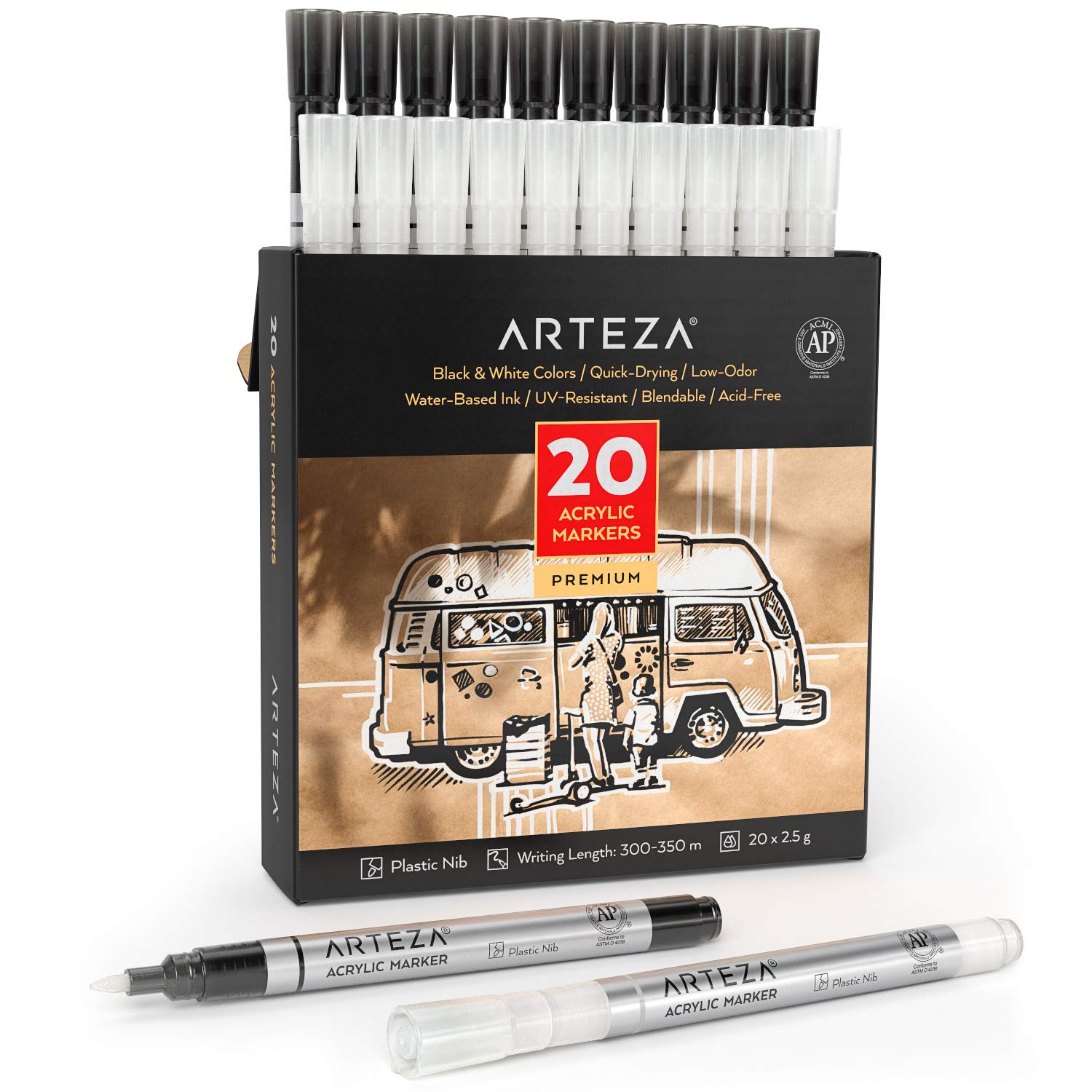 ARTEZAAcrylic Paint Pens, Set of 20 (10 White, 10 Black), Long Lasting Outdoor Acrylic Paint Marker Pens with Plastic Nibs, Paint On Metal & Fabric