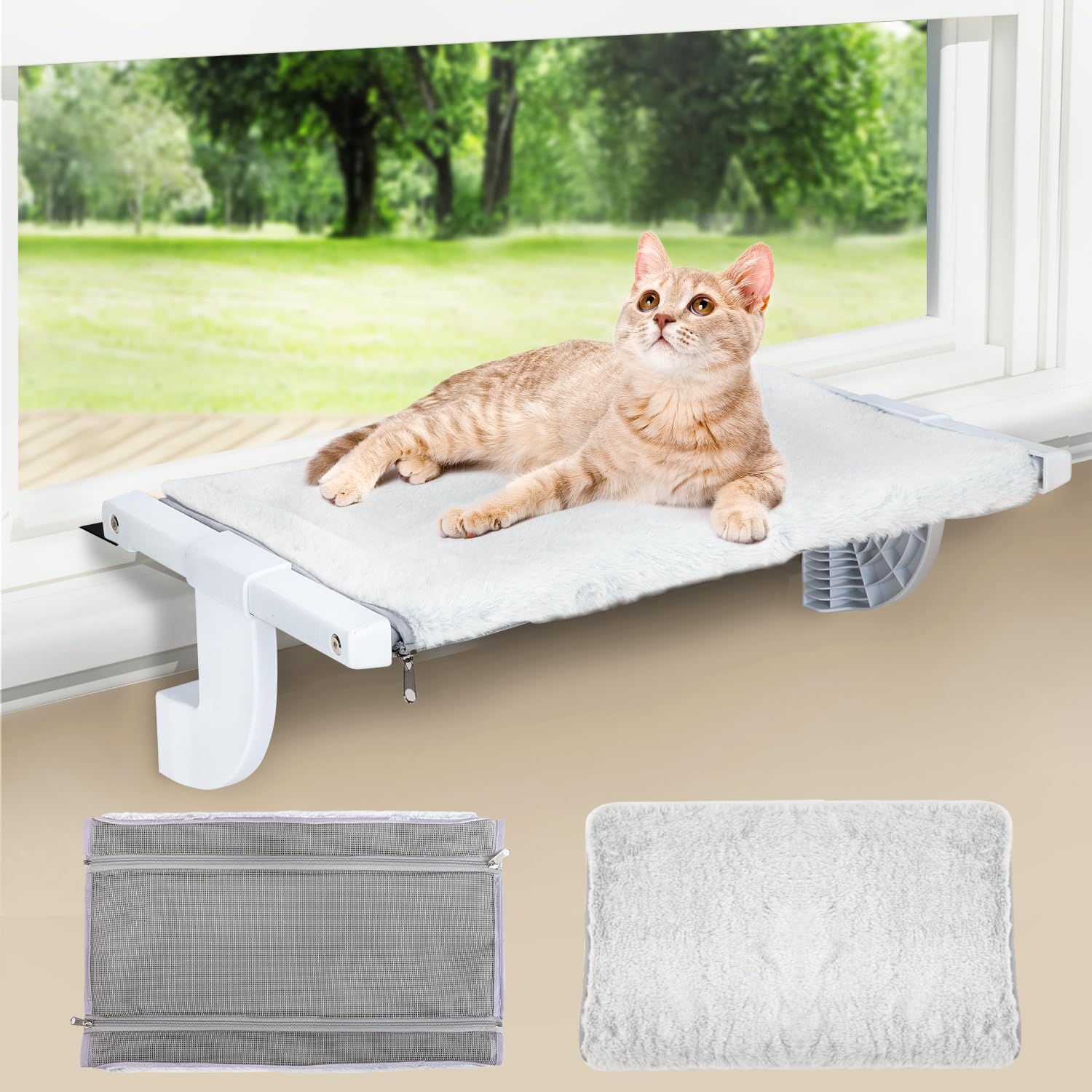 Window Sill Mount Cat Perch for Indoor Cats, One-Step Sliding Clamping Slot Adjustment Cat Hammock with Removable Two Fabrics Cover, No Suction Cups Cat Bed for Windowsill & Bedside (Medium)