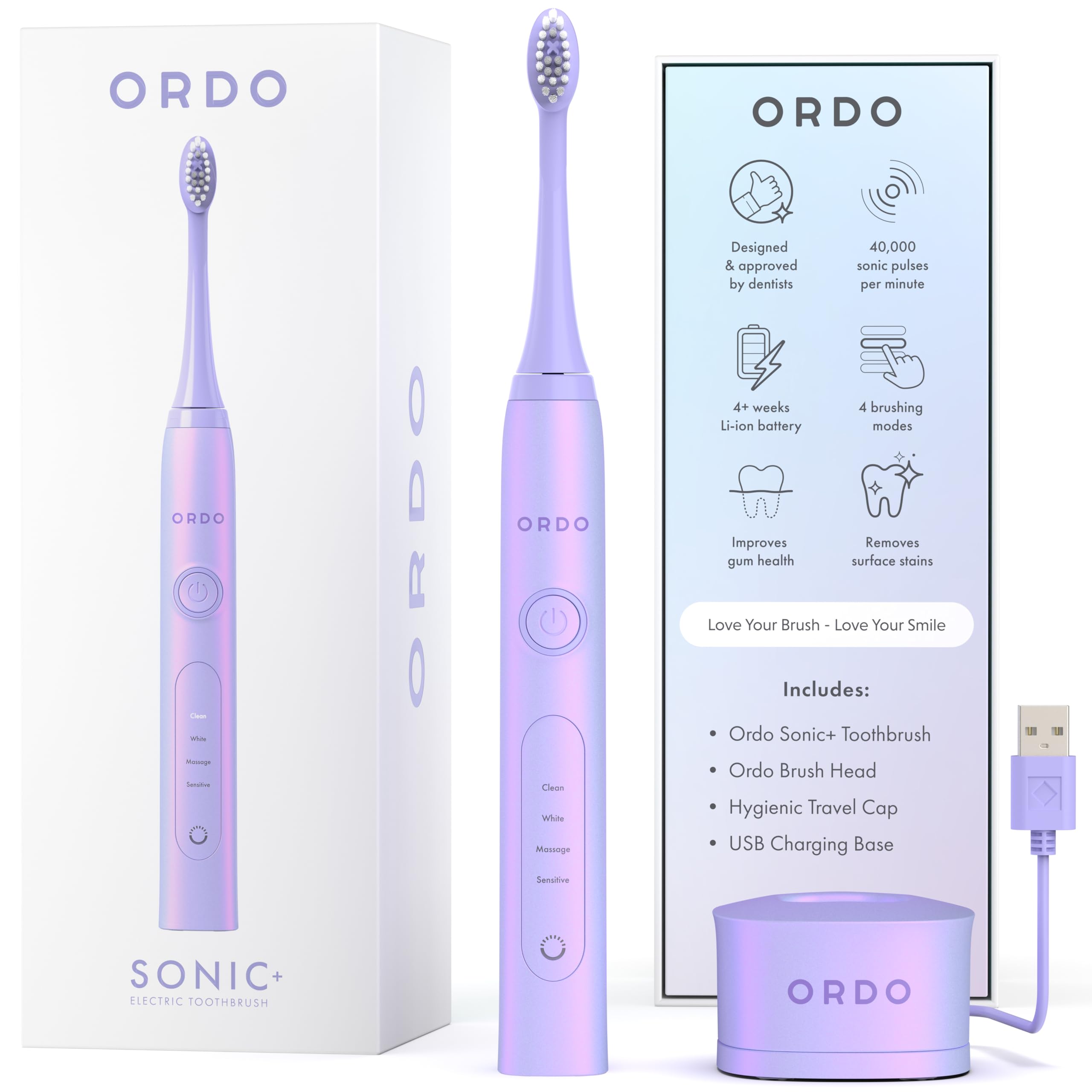 ORDOSonic+ Electric Toothbrush for Adults, Advanced Smart Tech, 4 Brushing Modes, Fast Rechargeable Sonic Toothbrush, 4+ Weeks Battery Life, Silicone-Polishing Element, USB Charger, Pearl Violet