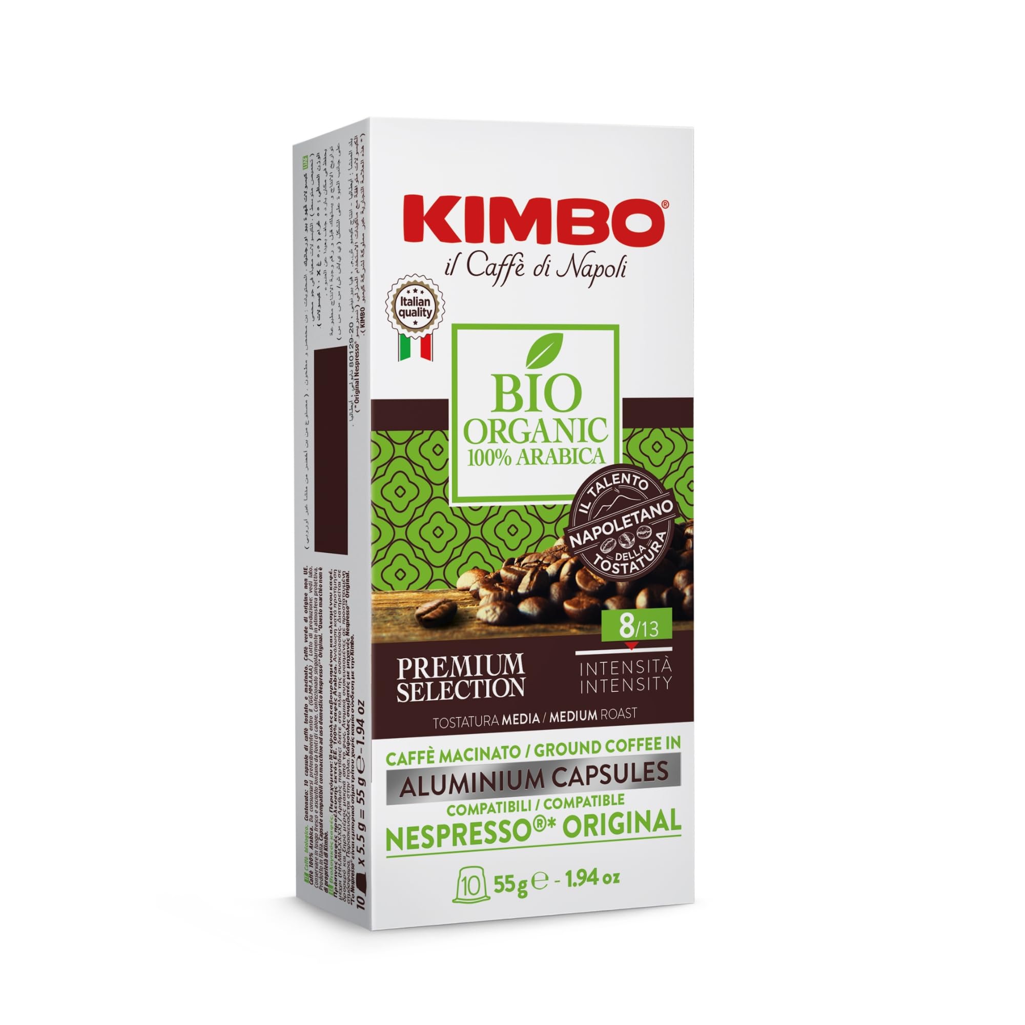 KimboCoffee, Espresso Bio Organic, 10 Capsules Compatible with Nespresso Original Machine, Medium Roast, 8/13, Italian Coffee Pods, 1 x 10