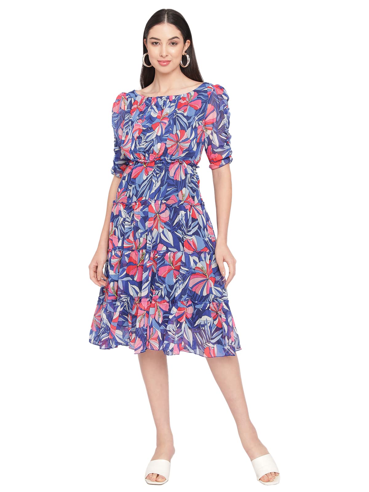 ShasmiWomen's Chiffon Solid Floral Sweetheart Neck A-Line Knee-Length Dress For Women ( Dress 60)