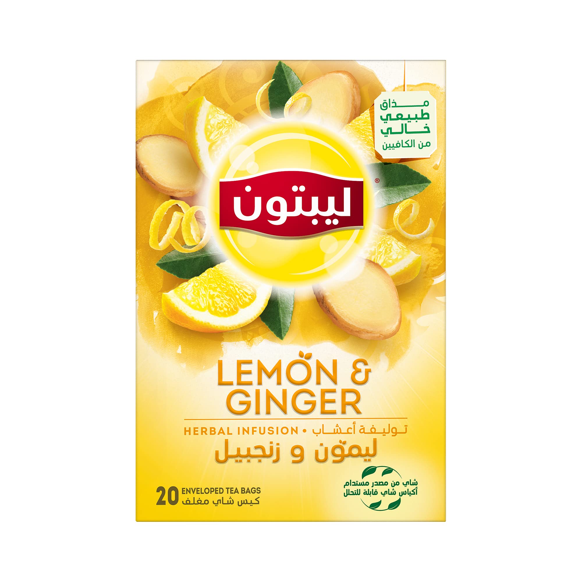 Lipton Herbal Infusion Lemon and Ginger Tea, 20 Lipton Tea Bags, Caffeine-Free Herbal Tea, Exotic Tea