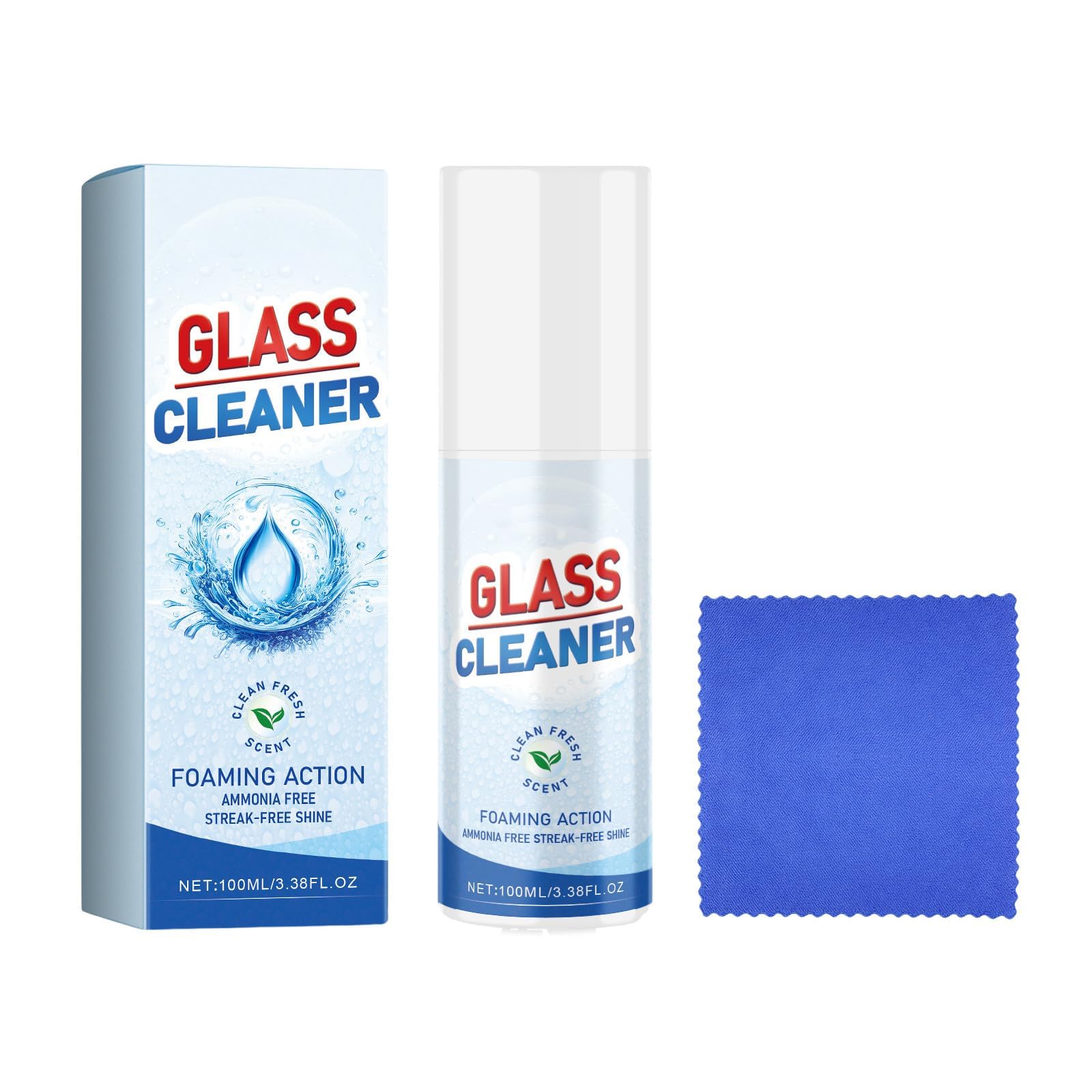 Glass Cleaner Spray with 1 Microfiber Cleaning Cloth, Glass Cleaner Spray Glass Cleaner Deep Streak-Free Cleaning and Shine, Safe for Tinted and Non-Tinted Windows for Auto and Home 3.38 Fl Oz