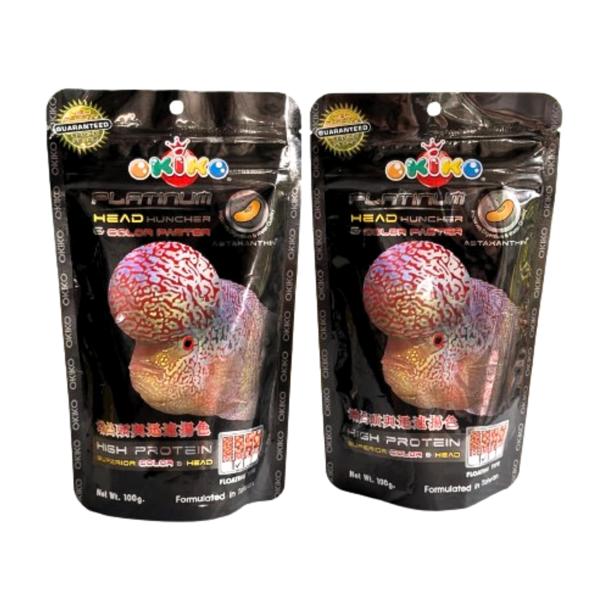 OKIKOPlatinum X2, Floating Pellets Size M = 2 MM, FLOWERHORN Fish Food Red Head Mark Formula HIGH Protein Astaxanthin Color Enhancing Tropical Fish Feed Probiotic Healthy Fast Growth