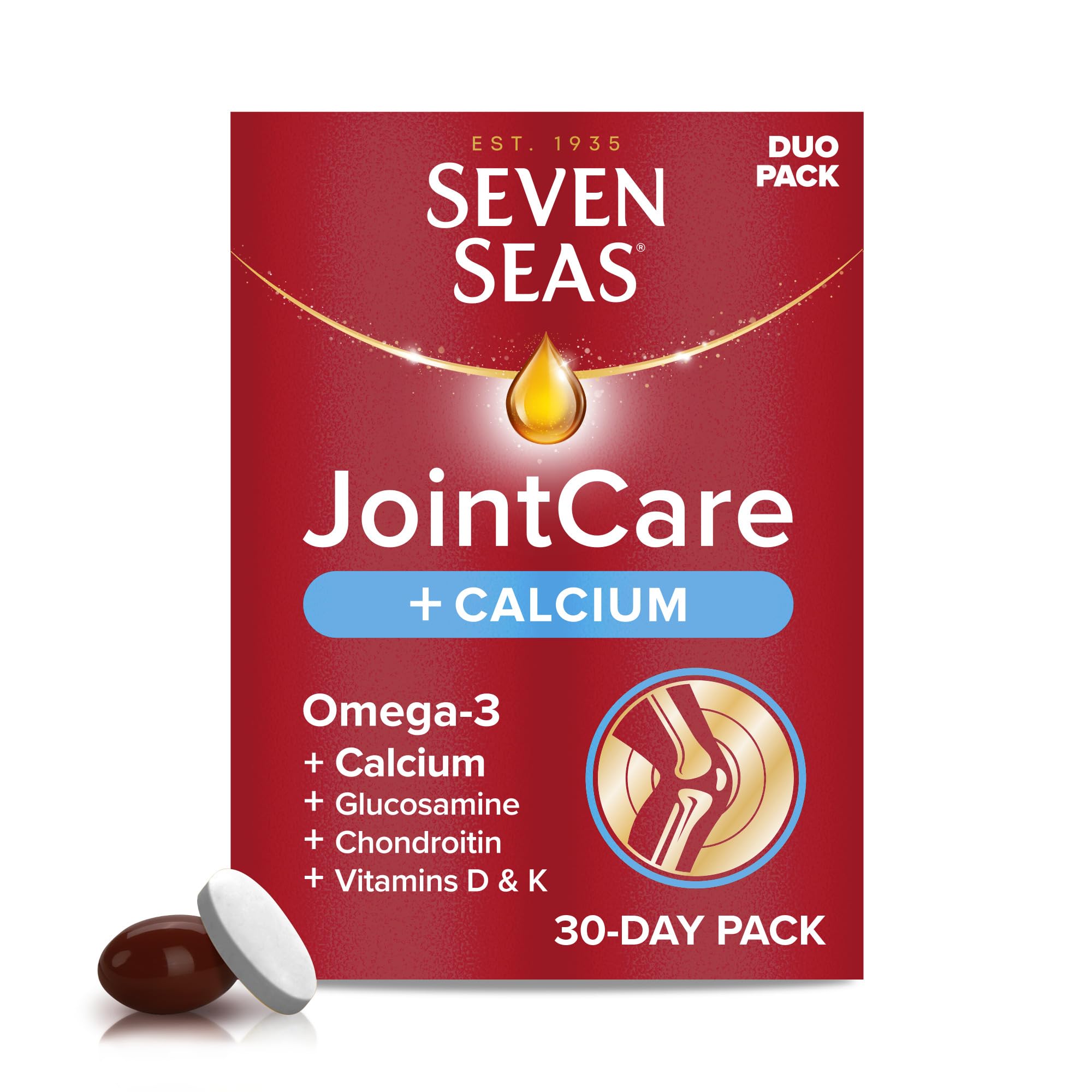 Seven Seas JointCare + CALCIUM, with Omega-3, Glucosamine, Chondroitin, Vitamins C, D & K, Manganese and Zinc, Food Supplements, 30-Day Pack