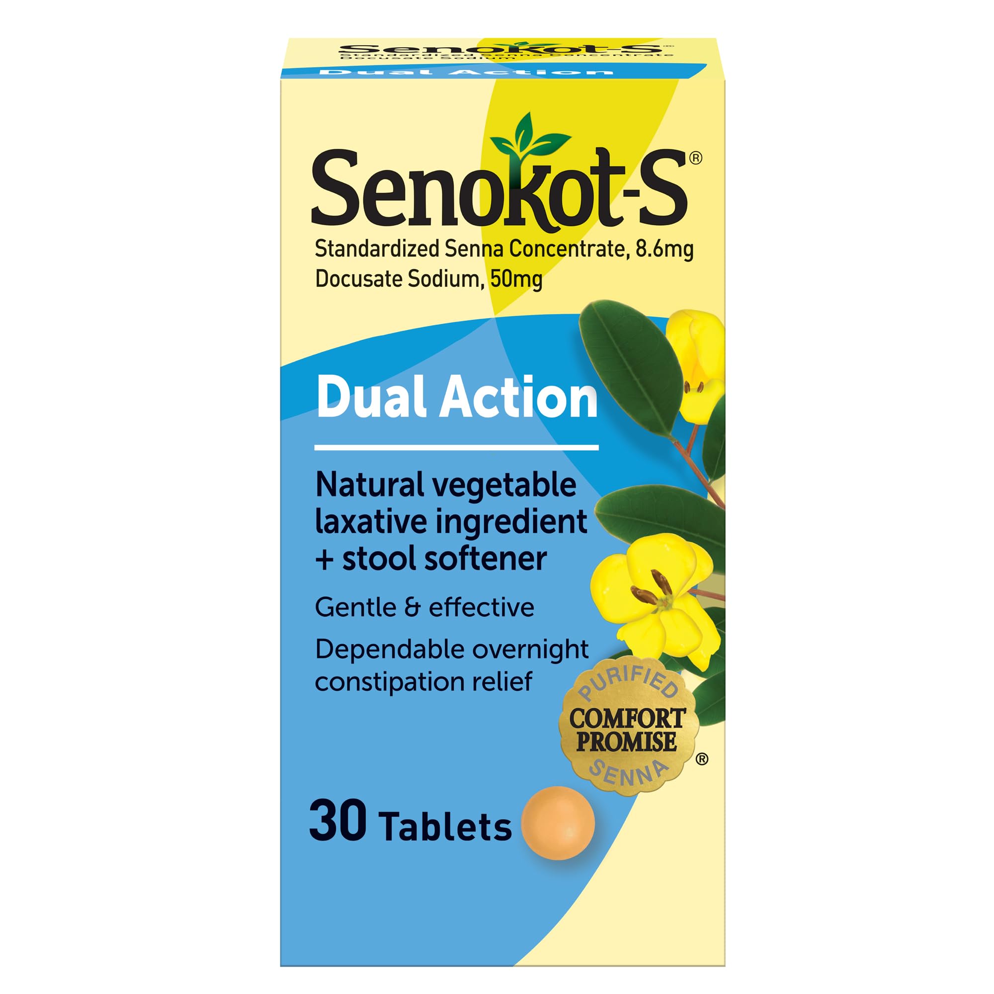 SenokotDual Action Natural Vegetable Laxative Ingredient Plus Stool Softener Tablets, Gentle Dependable Overnight Relief of Occasional Constipation, 30 Count