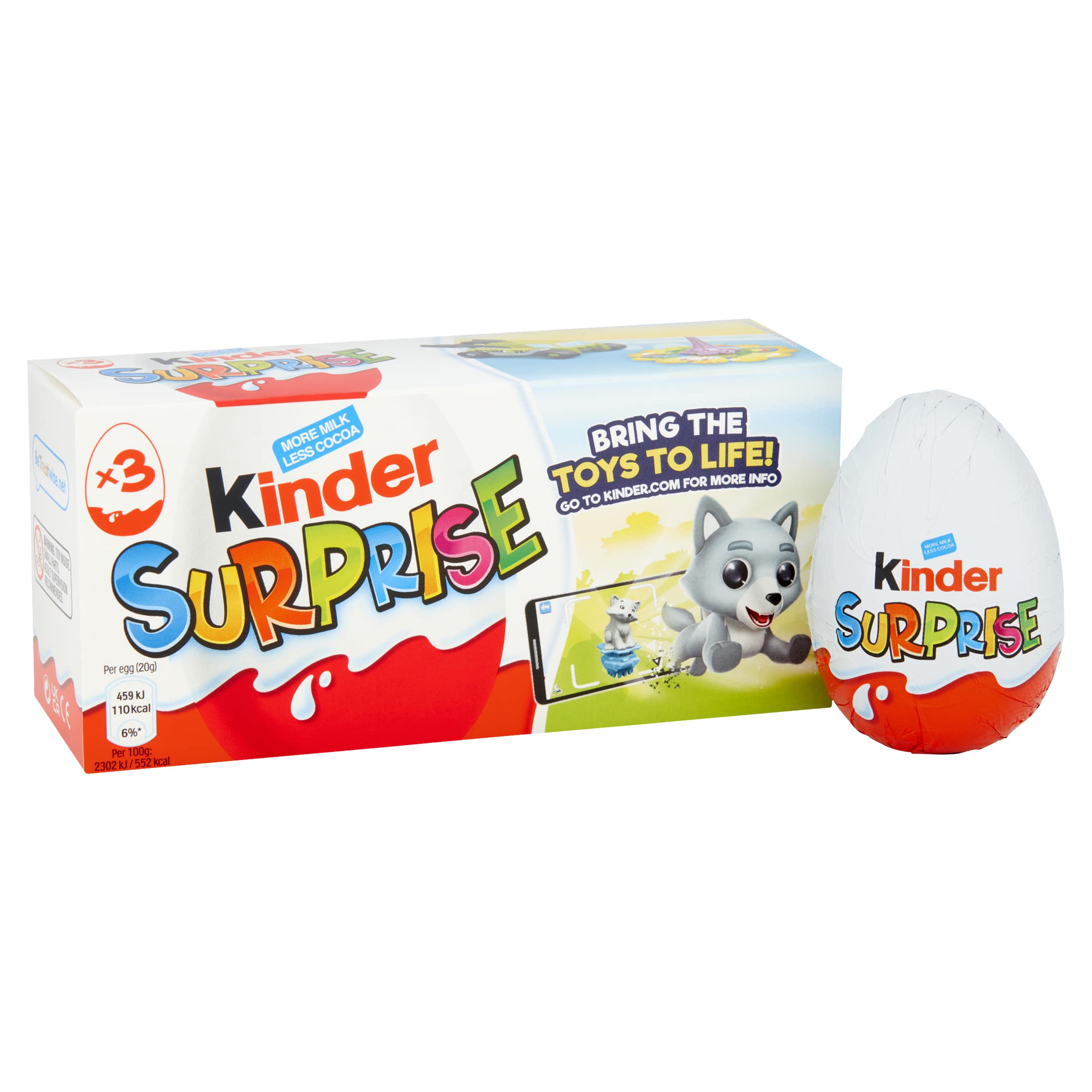 Kinder Surprise Chocolate Gift, Chocolate Eggs, Fine Milk Chocolate Shell with Milky White Lining, Contains Toys, Pack of 3 x 20g, Packaging May Vary