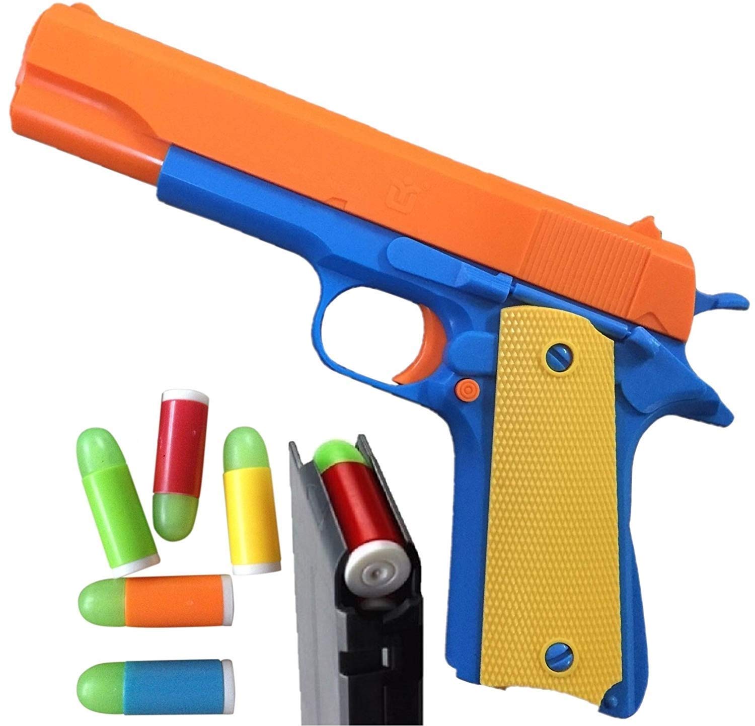 1911 Toy Gun with Soft Bullets and Ejecting Magazine. Actual Size of Colt M1911 with Slide Action Orange Barrel for Training or Play