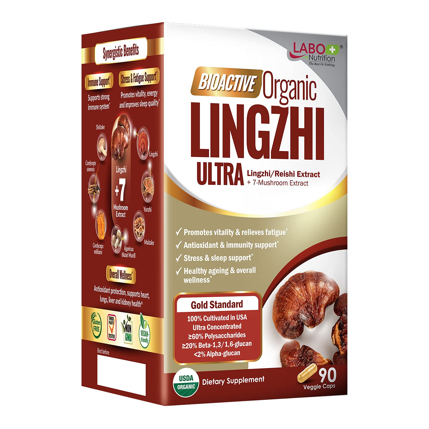 LABO NutritionBioactive Organic Lingzhi/Reishi Ultra for Immune Support, Vitality, USDA Organic, 7 Medicinal Mushroom Supplement, Cordyceps, Maitake, Turkey Tail, Agaricus blazei Murill, Shiitake