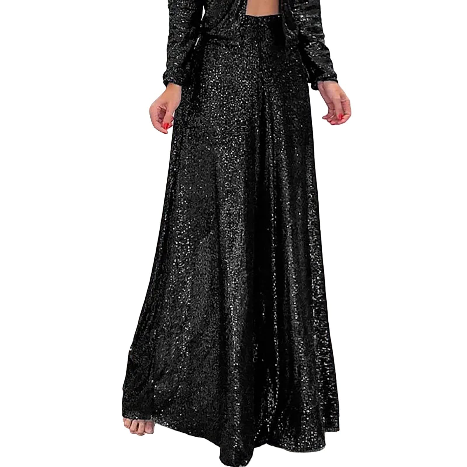 HCNTES Sequin Pants Women Plus Size High Waisted Wide Leg Sparkle Sequin Bell Bottom Trousers Baggy Pants Night Out Clubwear