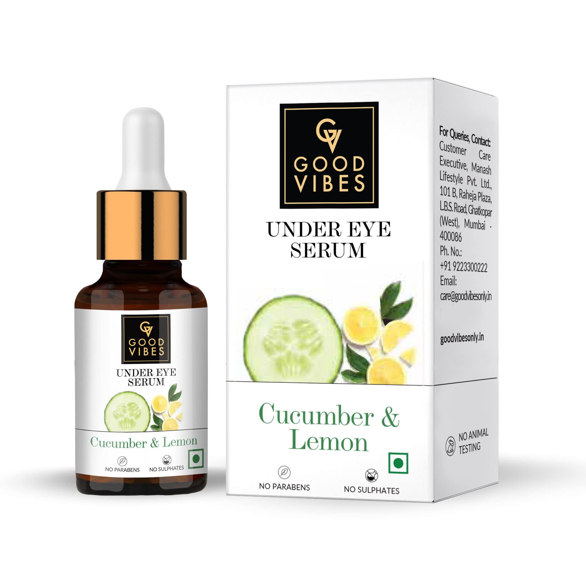 Good Vibes Cucumber and Lemon Under Eye Serum, 10 ml Helps Reduce Puffiness & Dark Circles, Lightweight Brightening Natural Serum For Under Eyes, No Parabens & Sulphates