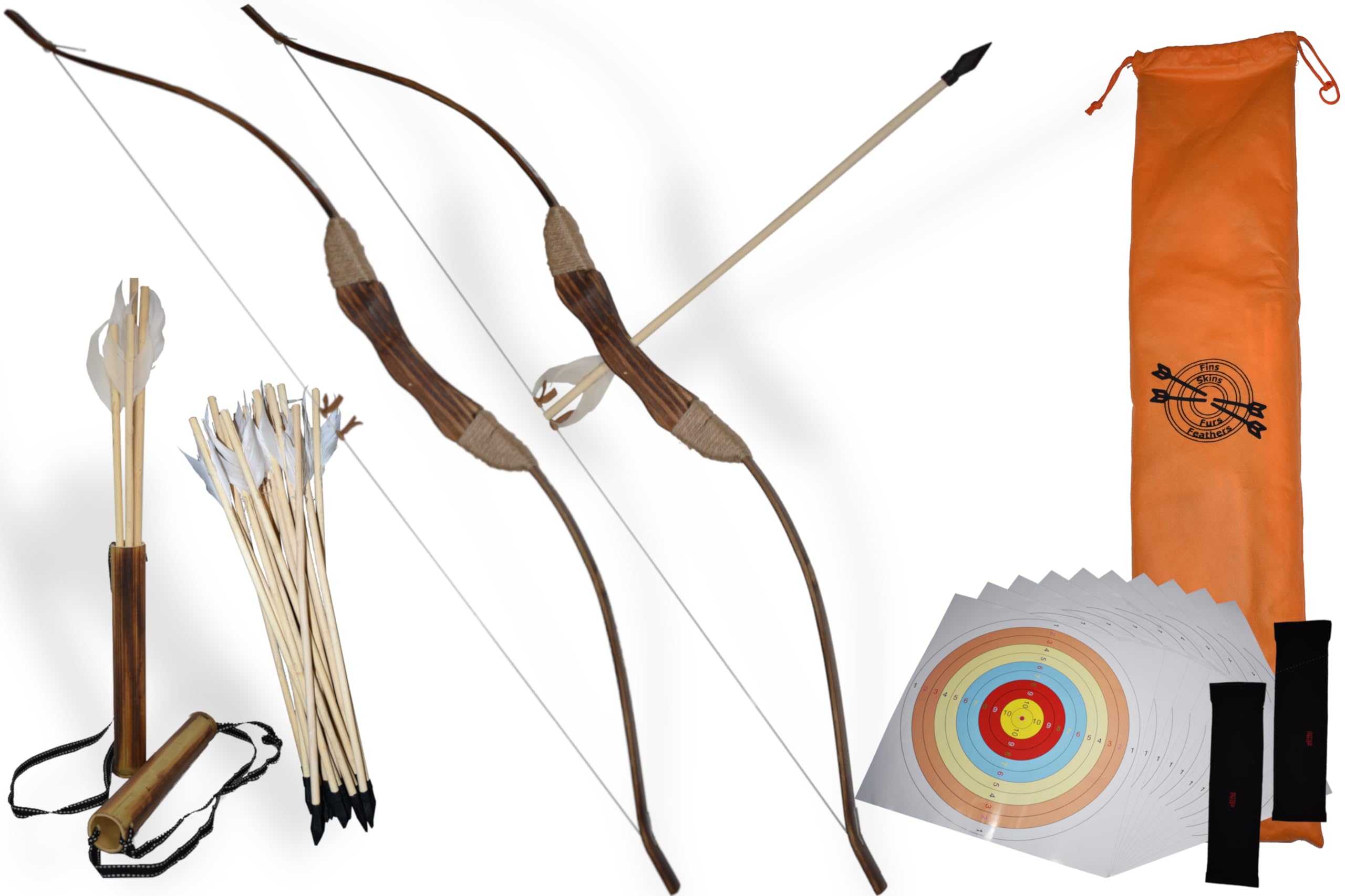 FSFF Enhanced Wooden Bow and Arrow for Kids 2-Bows 2-Four Arrow quivers 16-Arrows w/ Feathers 10-Large Targets & 2-armguards Great Archery Set for Youth boy / Girl Beginner Archery Set for Kids