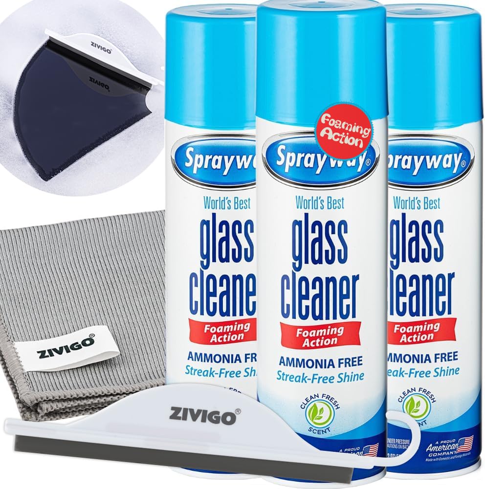 Sprayaway Glass Cleaner, Foam Action, 19 Fl Oz, (3 Pack) - With 1 Microfiber Lint-Free Cleaning Cloth And 1 Window Squeegee,