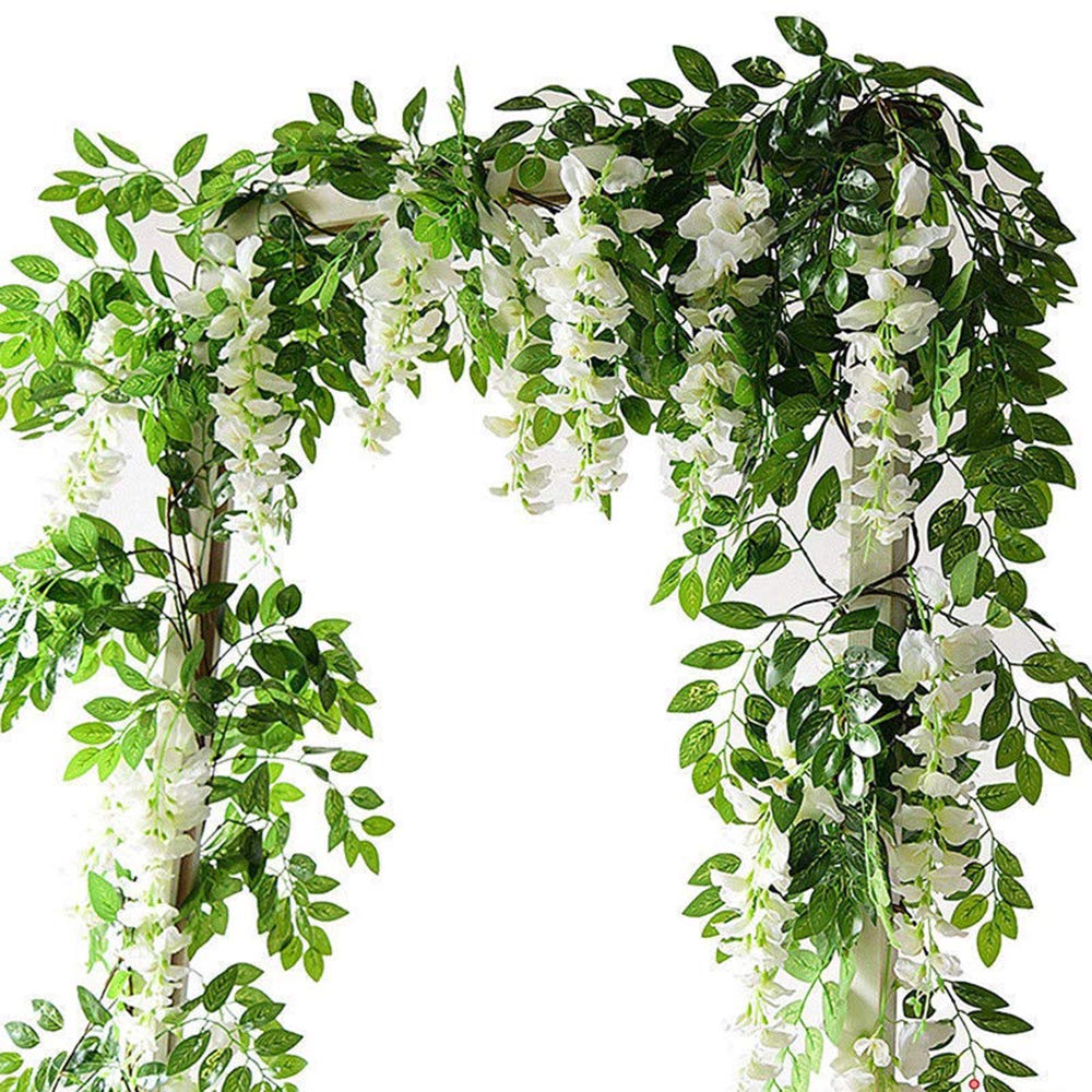 Artificial Flowers Vine Garlands 2m Wisteria Vine Hanging Vine Flower Garlands for Home Wedding Garden Party Wall Decoration (White, 2PCS)