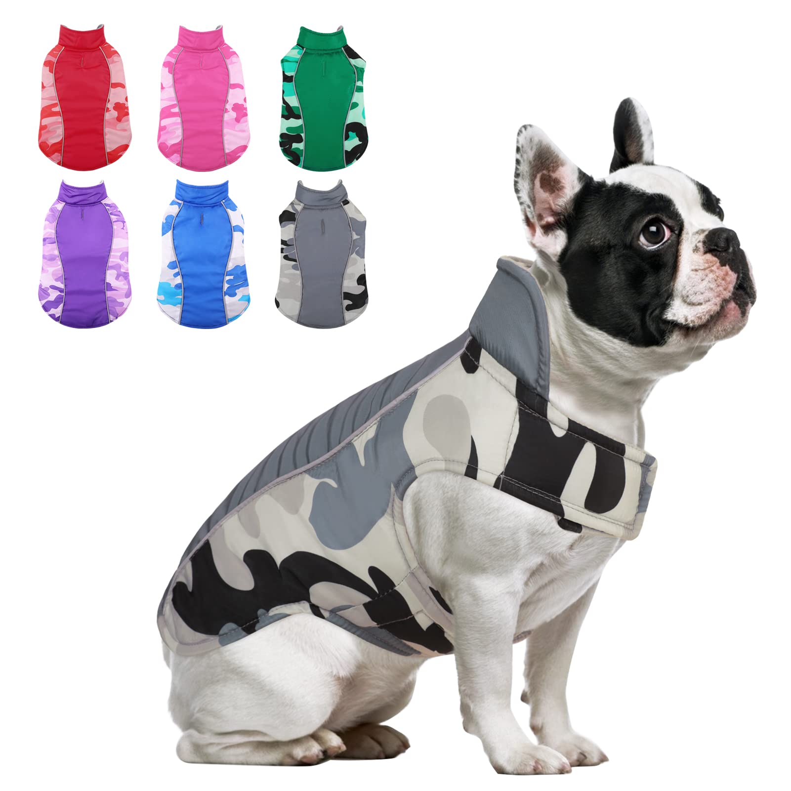 MORVIGIVECamo Fleece Lining Winter Dog Coats, Reversible Waterproof Puppy Snow Jackets with Reflective Strips & Harness Hole, Windproof Warm Pet Vest Apparel for Small Medium Large Dogs Grey XL