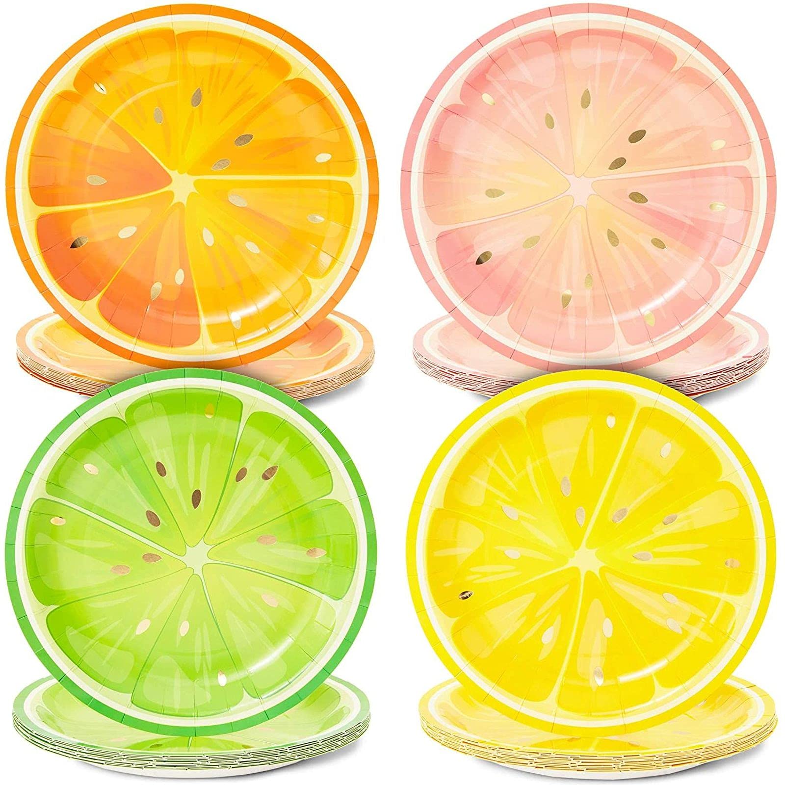 BLUE PANDA Tutti Fruity, Citrus Fruit Party Plates with Gold Foil Details for Summer Celebrations (9 In, 48 Pack)