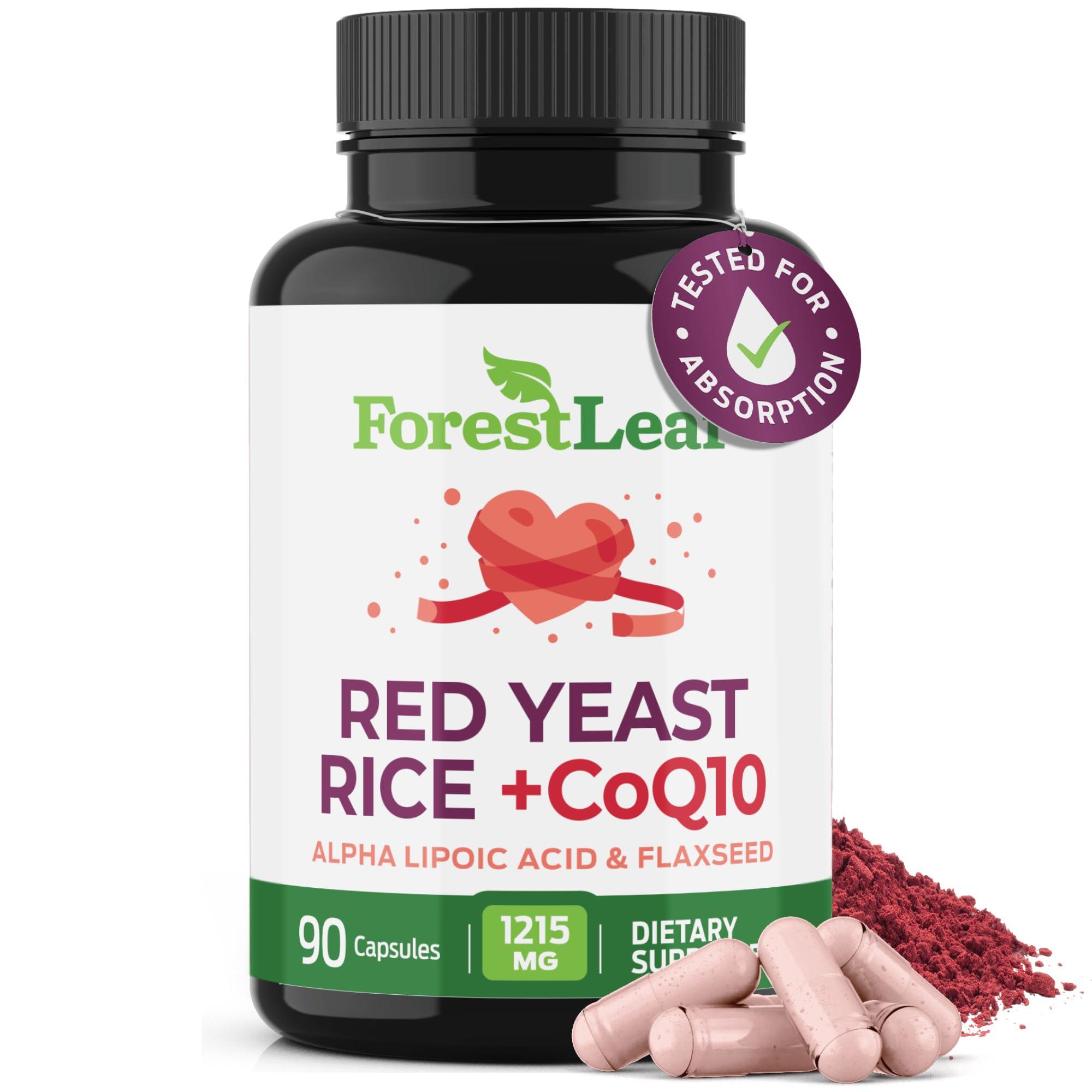 ForestLeafRed Yeast Rice Care with COQ-10 and Organic Flaxseed - 1215mg - Citrinin Free - Daily Dietary Supplements (90) -