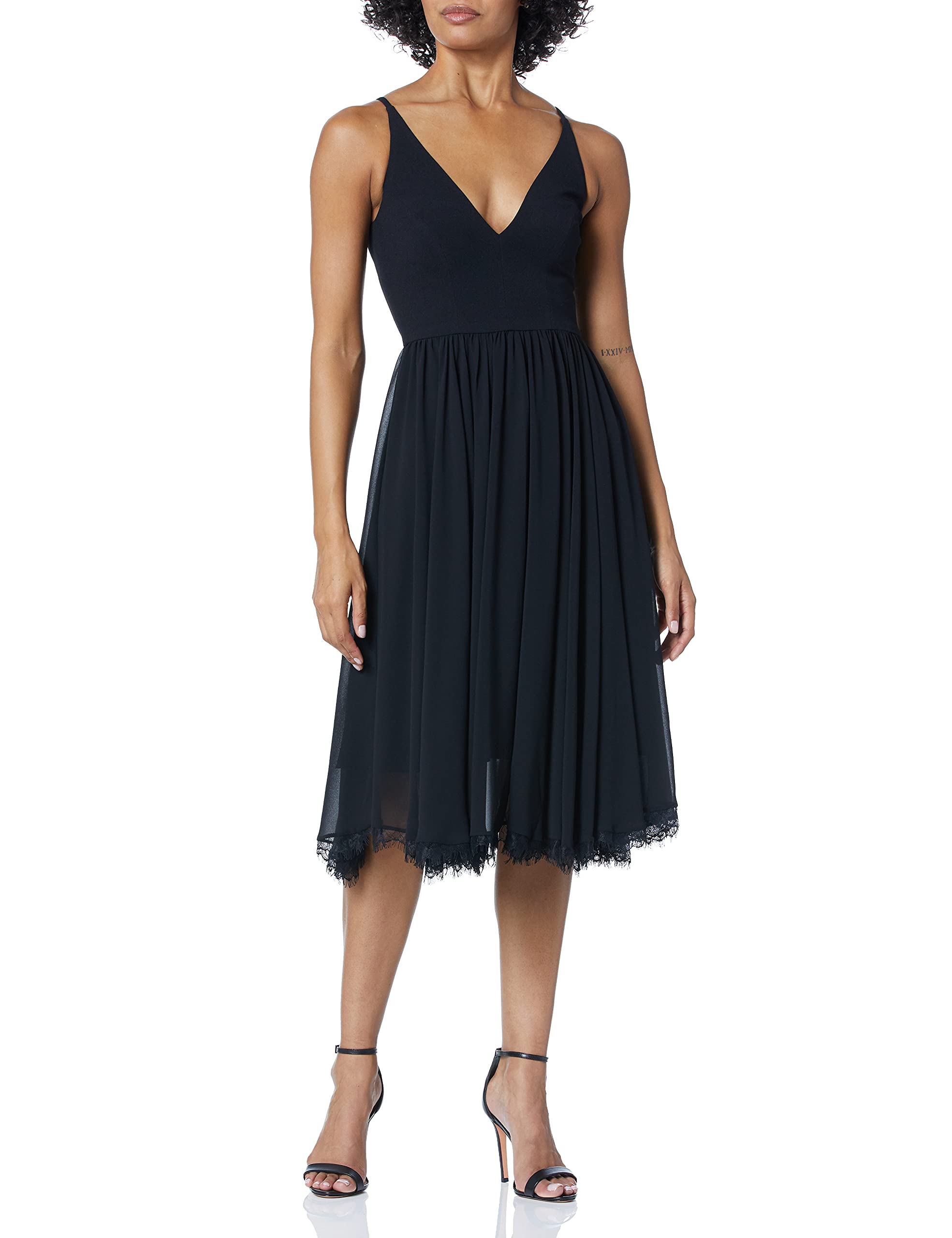 Dress the Population womens Alicia Plunging Mix Media Sleeveless A-line Midi Dress Bridesmaid Dress