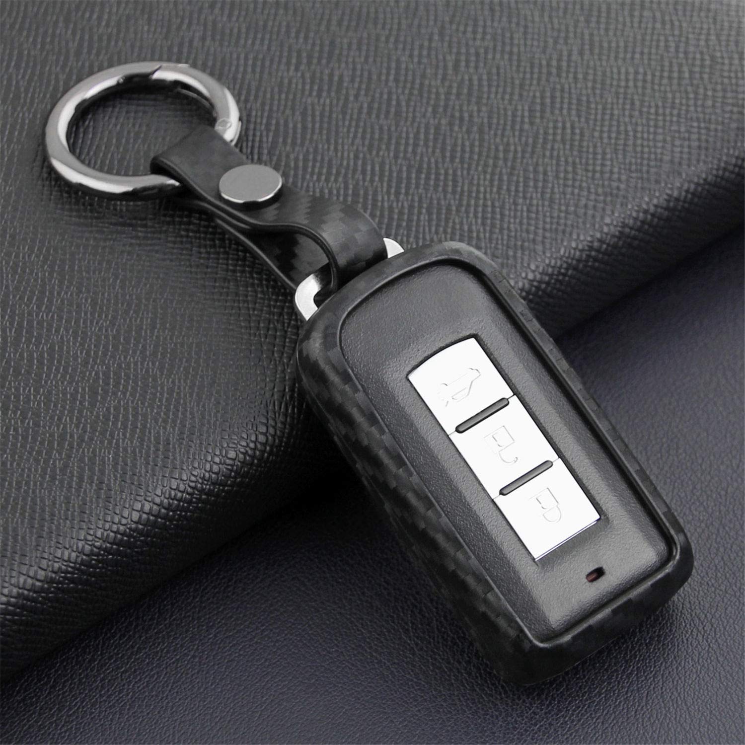 M.JVisunSoft Silicone Rubber Carbon Fiber Texture Case Key Fob Cover for Mitsubishi ASX Eclipse Cross Fortis Galant Lancer EVO Evolution Mirage Outlander RVR Car Key Shell - Black - Round Keychain