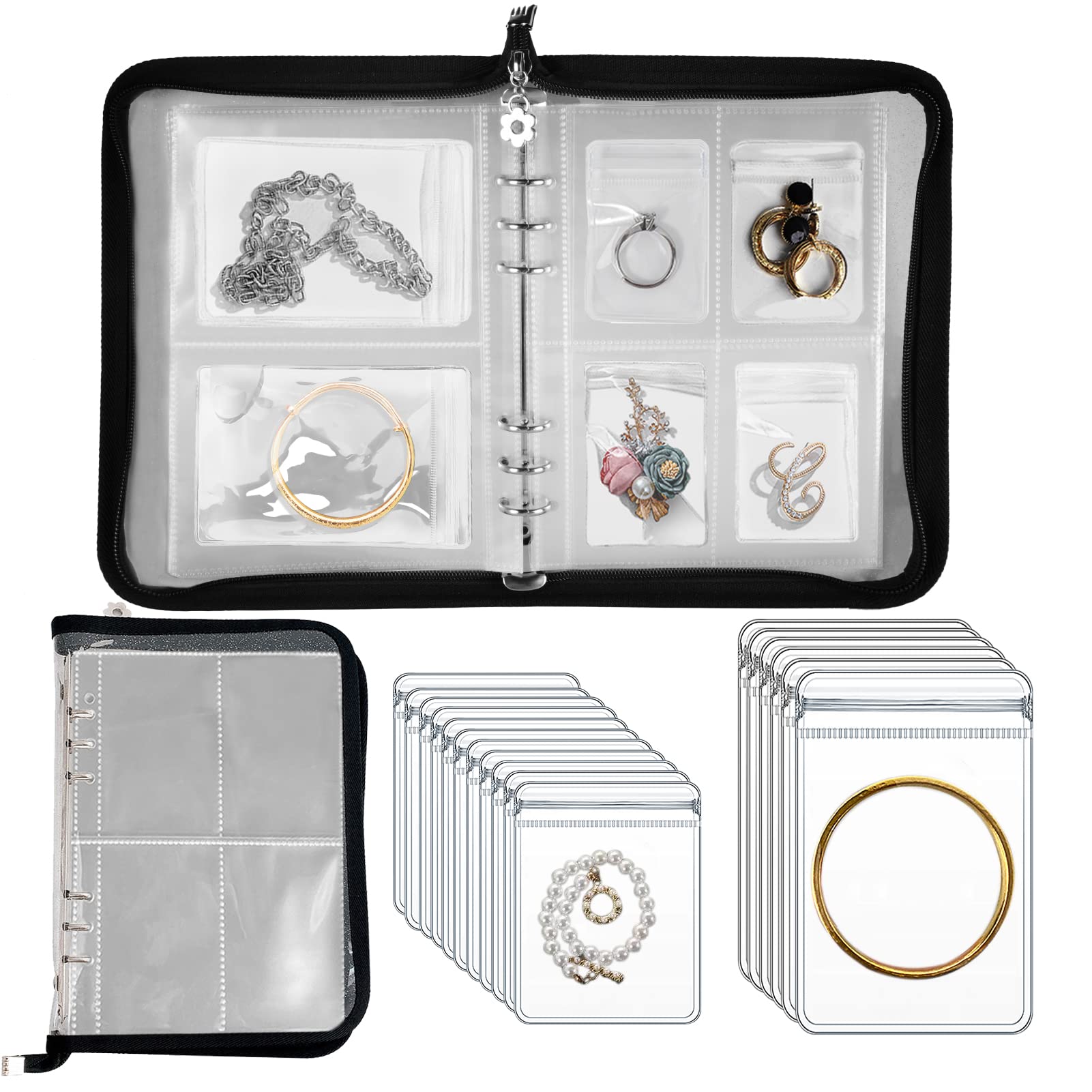 Travel Jewelry Organizer Transparent Jewelry Storage Book Set with Anti-oxidation Pocket Traveling Necklace Earring Organizer for Ring, Bracelets, Postcard (120 Grids +75 Thicken PVC Zipper Bags)