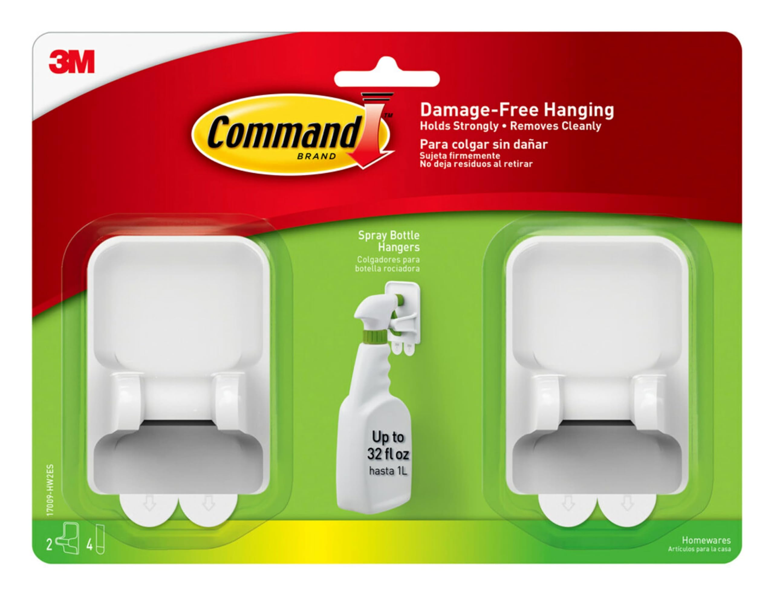 Command Spray Bottle Hangers, Holds up to 32 fl oz, 2 Hangers with 4 Command Strips, Damage Free Spray Bottle Holder Wall Mount to Cabinet, Kitchen, or Under Sink