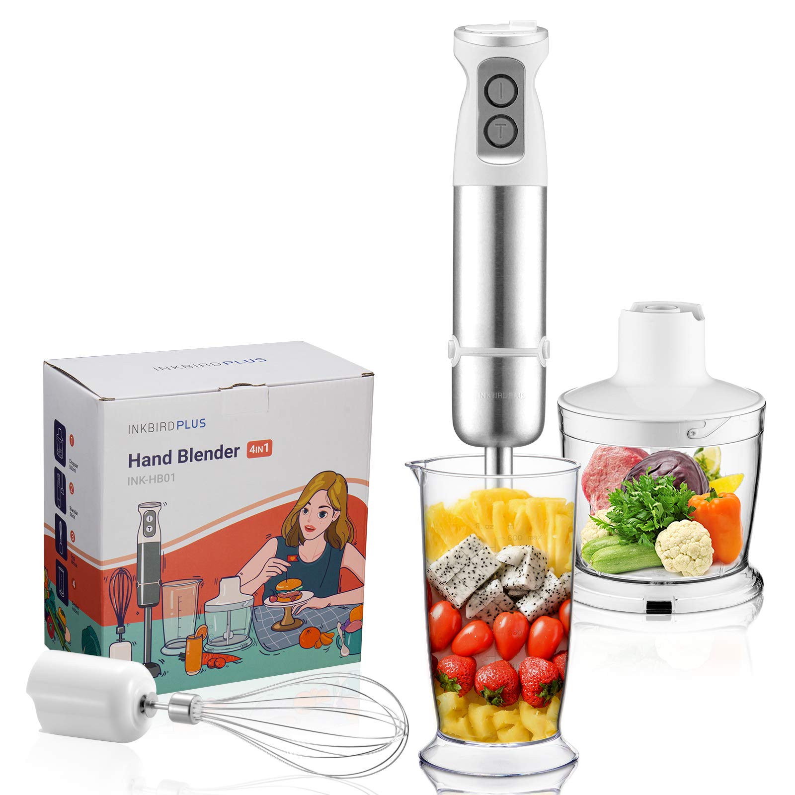 InkbirdHand Blender 4-in-1 Stainless Steel Stem with Chopper and Whisk 6-Speed Immersion Stick Blender 500W Food Grinder Container Smoothie Maker for Infant Puree Meat Vegetable Egg Sauces