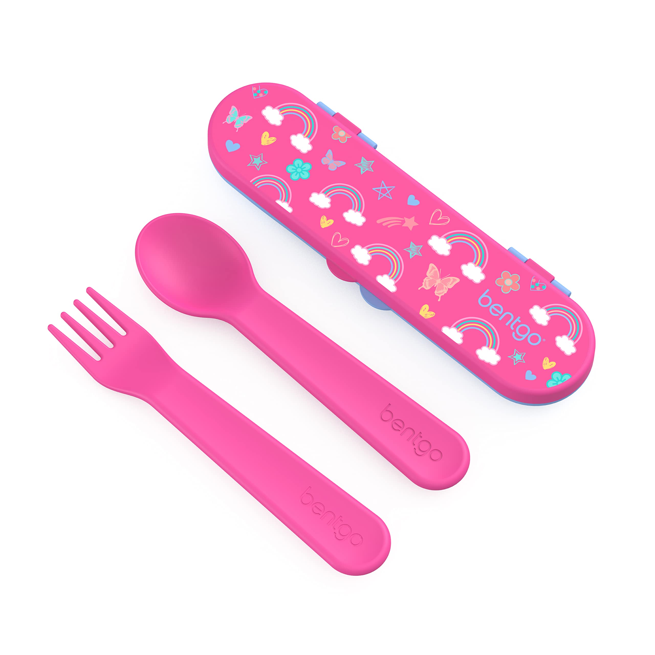 BentgoKids Utensil Set - Reusable Plastic Fork, Spoon & Storage Case BPA-Free Materials, Easy-Grip Handles, Dishwasher Safe Ideal for School Lunch, Travel, Outdoors (Rainbows and Butterflies)