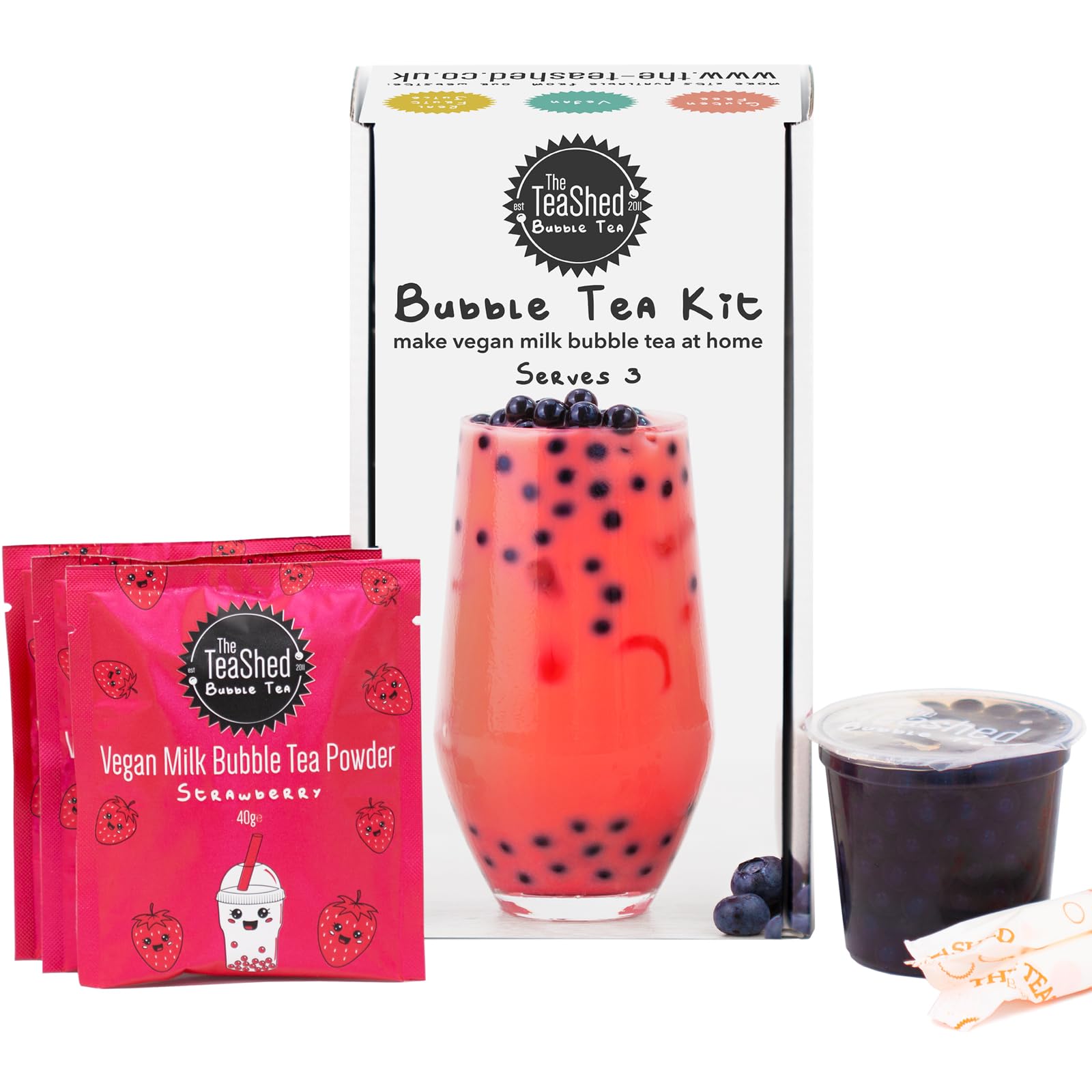 Vegan Milk Bubble Tea Kit Gift Box | 3 Servings | Set includes Strawberry Powder, Blueberry Popping Boba and Paper Straws | By The TeaShed