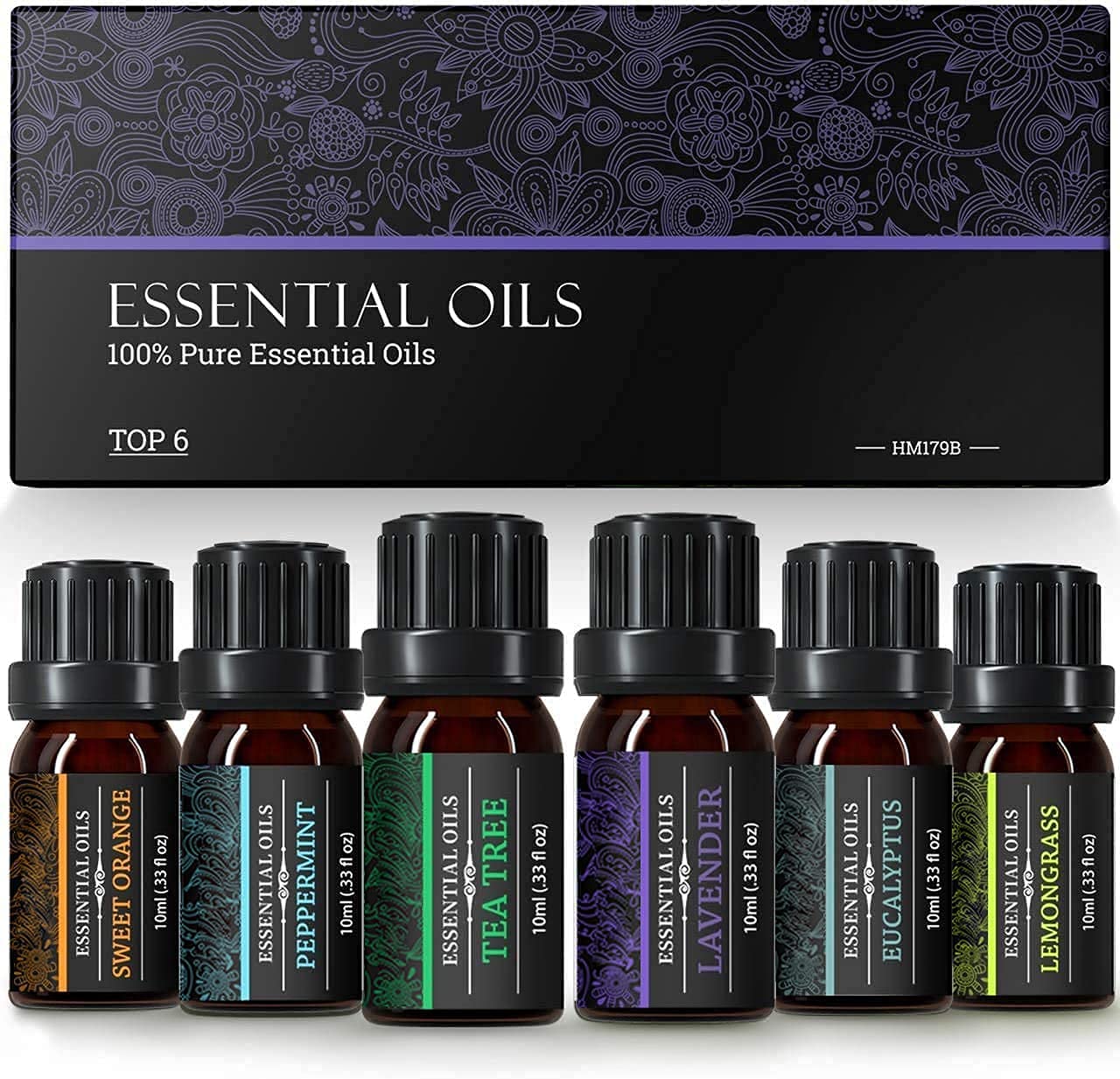 Epeios Essential Oils Set for Aromatherapy, 6 x 10 mL,100% Pure Top 6 Scented Oils for Oil Diffusers -Lavender, Lemongrass, Tea Tree, Eucalyptus, Sweet Orange, Peppermint