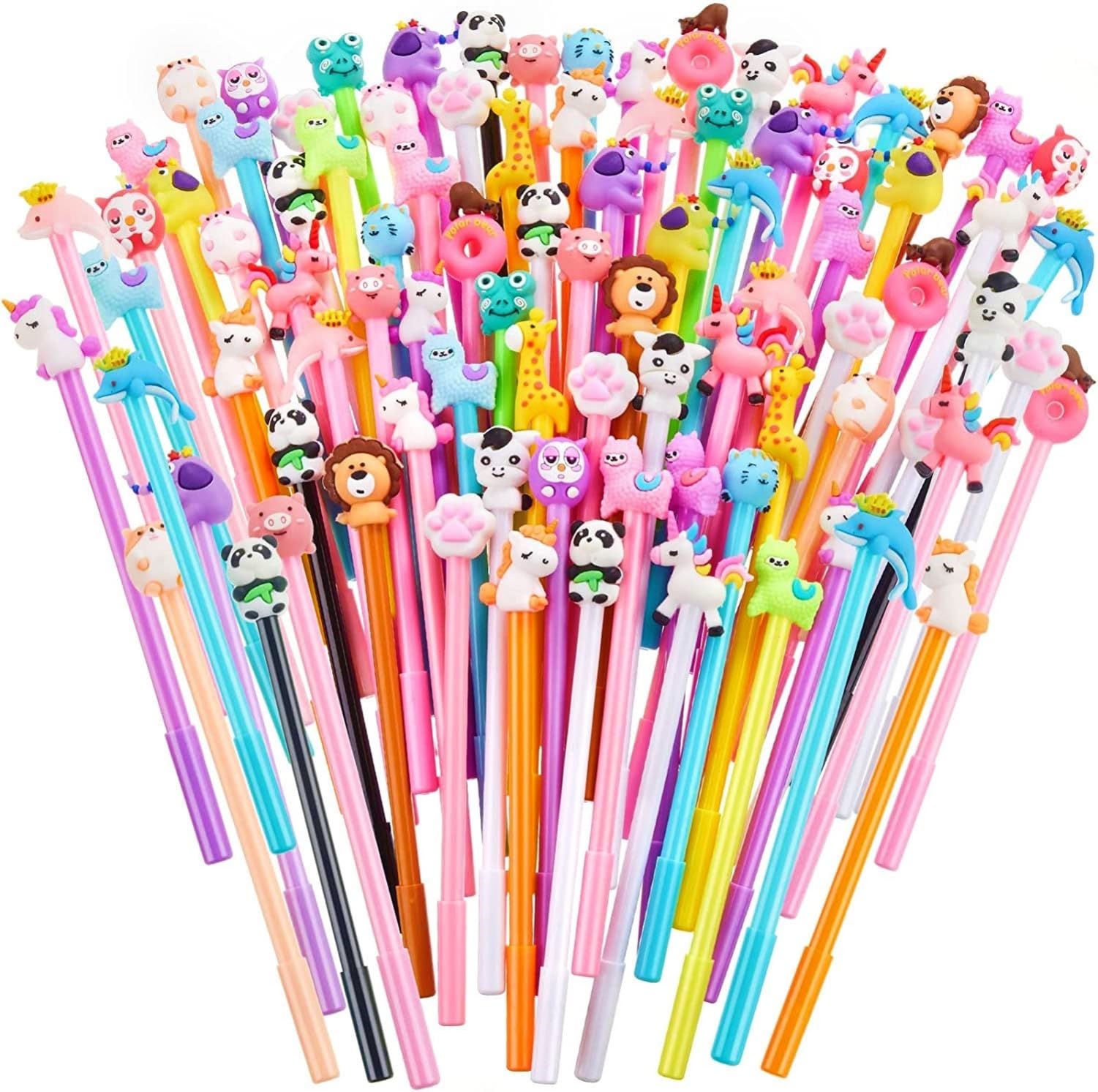 KAHEIGN80Pcs Cartoon Gel Ink Pens, Random Assorted Styles Cute Animal Gel Ink Pens 0.5 mm Black Ink Cool Pens Fun Kawaii Gel Ink Pens for Office Student Kids School Supplies Present (17cm x 2cm)