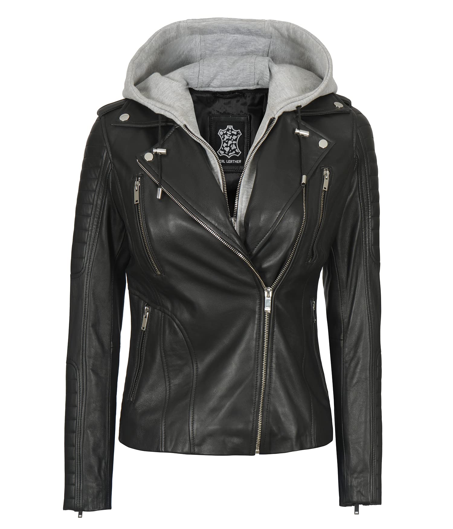 Real Hooded Jacket Women - Asymmetrical Lambskin Black Leather Jacket Women - Black - Large