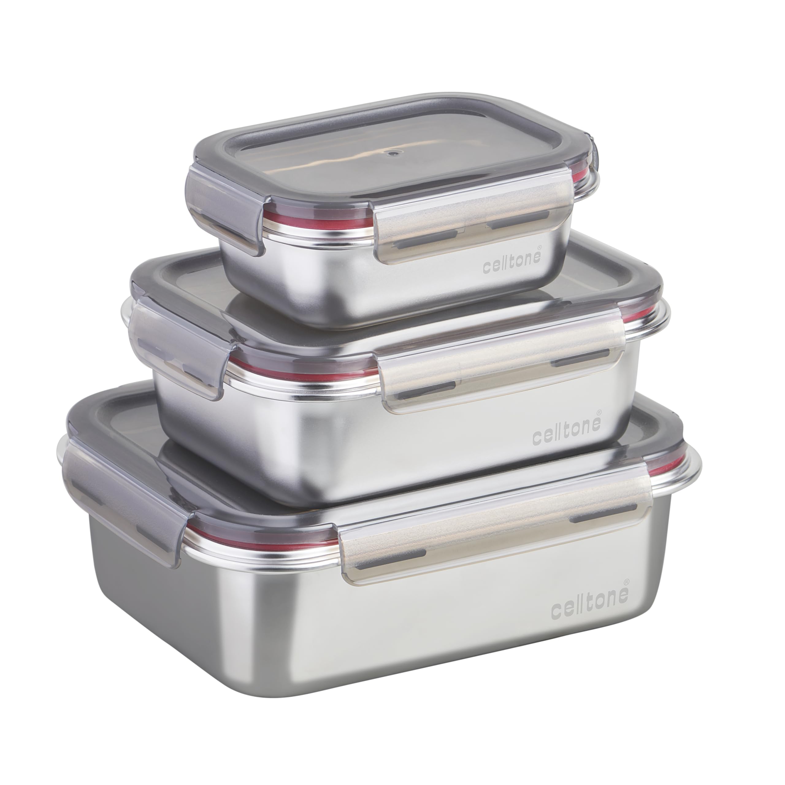 Celltone Fridge to Oven Microwave Safe Stainless Steel Reusable Food Storage Containers with Leak-Proof and Airtight Lids (Rectangular Set of 3)