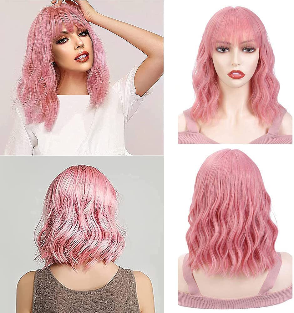 SKADE Blonde/Pink Wig with Bangs, Short Blonde Bob Wig for Women, 12 Inch Straight Hair Wigs for Girls Heat Friendly Synthetic Cosplay Party Wigs (Pink)