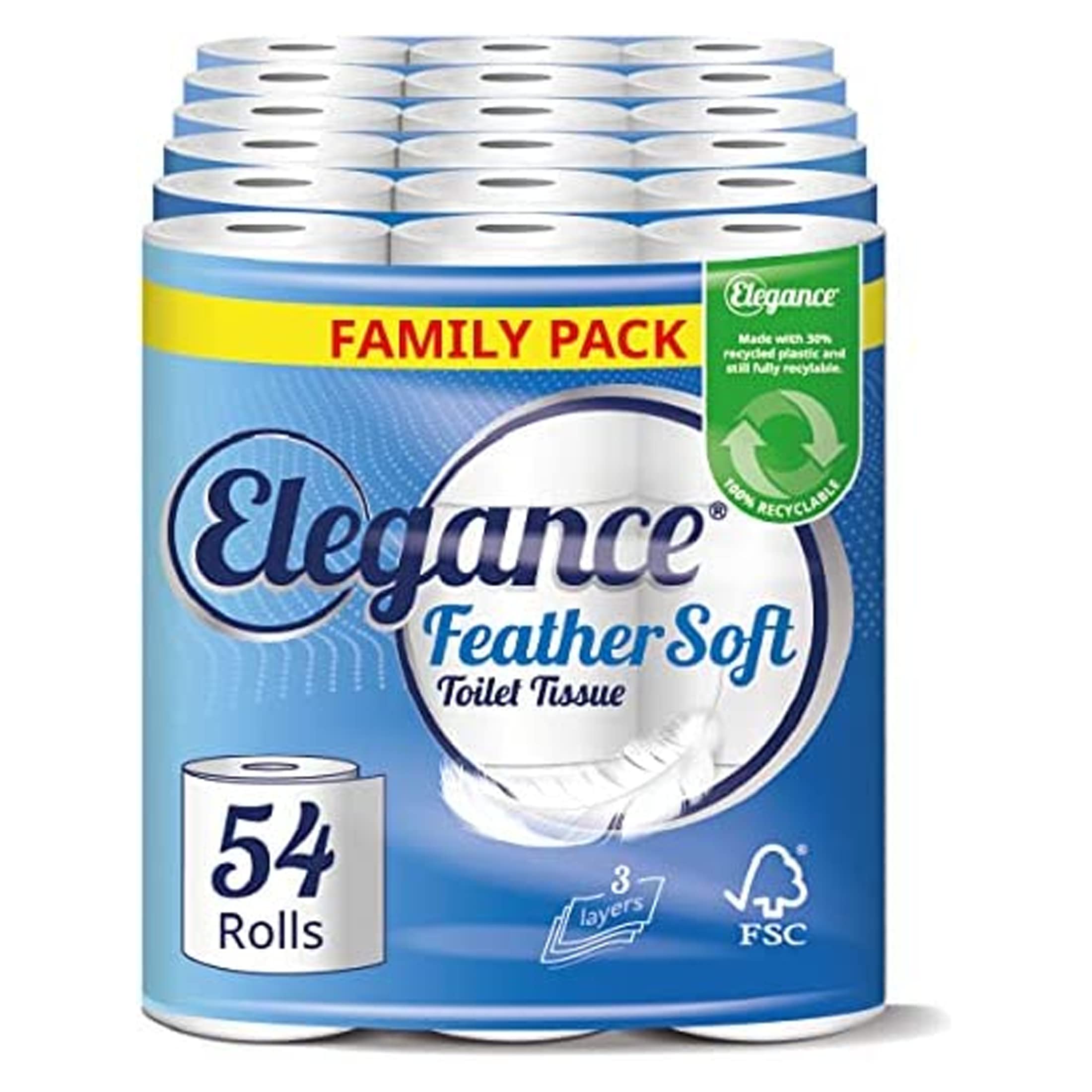 EleganceFeather Soft Toilet Roll - Bulk Buy Pack of 54 Rolls - Ultra Soft, 3-Ply, Recycled, Eco-Friendly, UK Manufactured