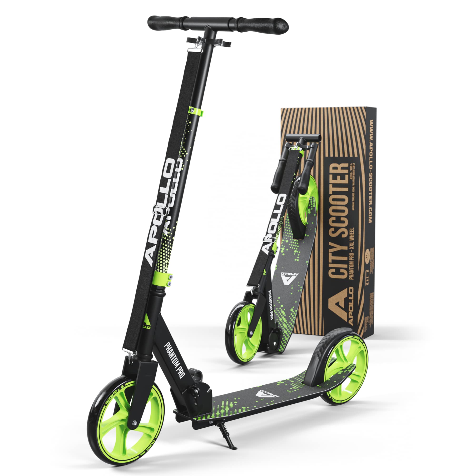 Apollo Adult Scooter - Folding Kick Scooter for Teens and Adults Weighing up to 220 lbs. Foldable, with Big Wheels (XXL), and an LED Light-Up Wheel Option