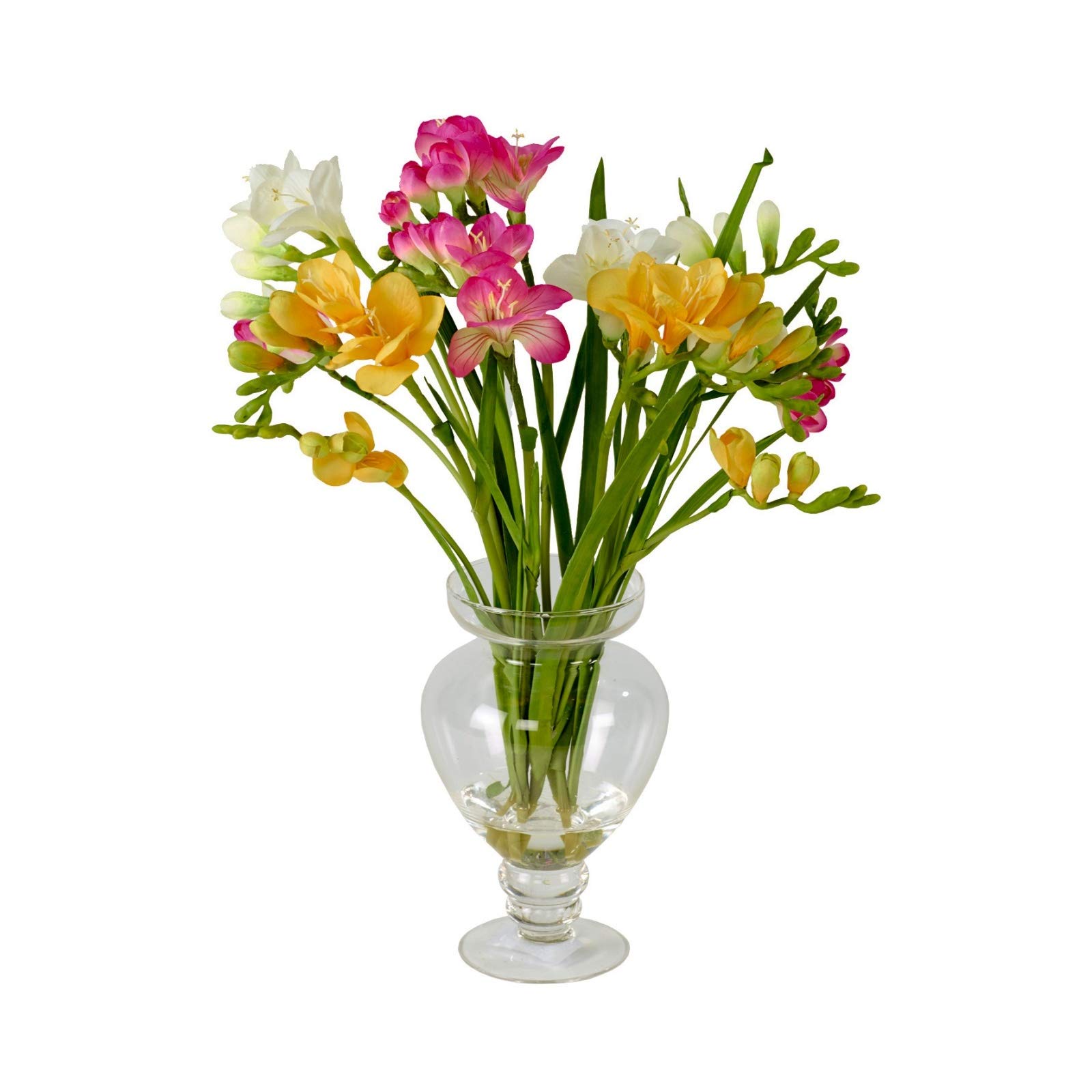 BLOOM Artificial Faux Yellow & White Freesia Flower Arrangement – Silk Fake Flowers In Vase That Look Real, Mothers Day & Wedding Decorations, Home Table Decor Foliage Centrepiece