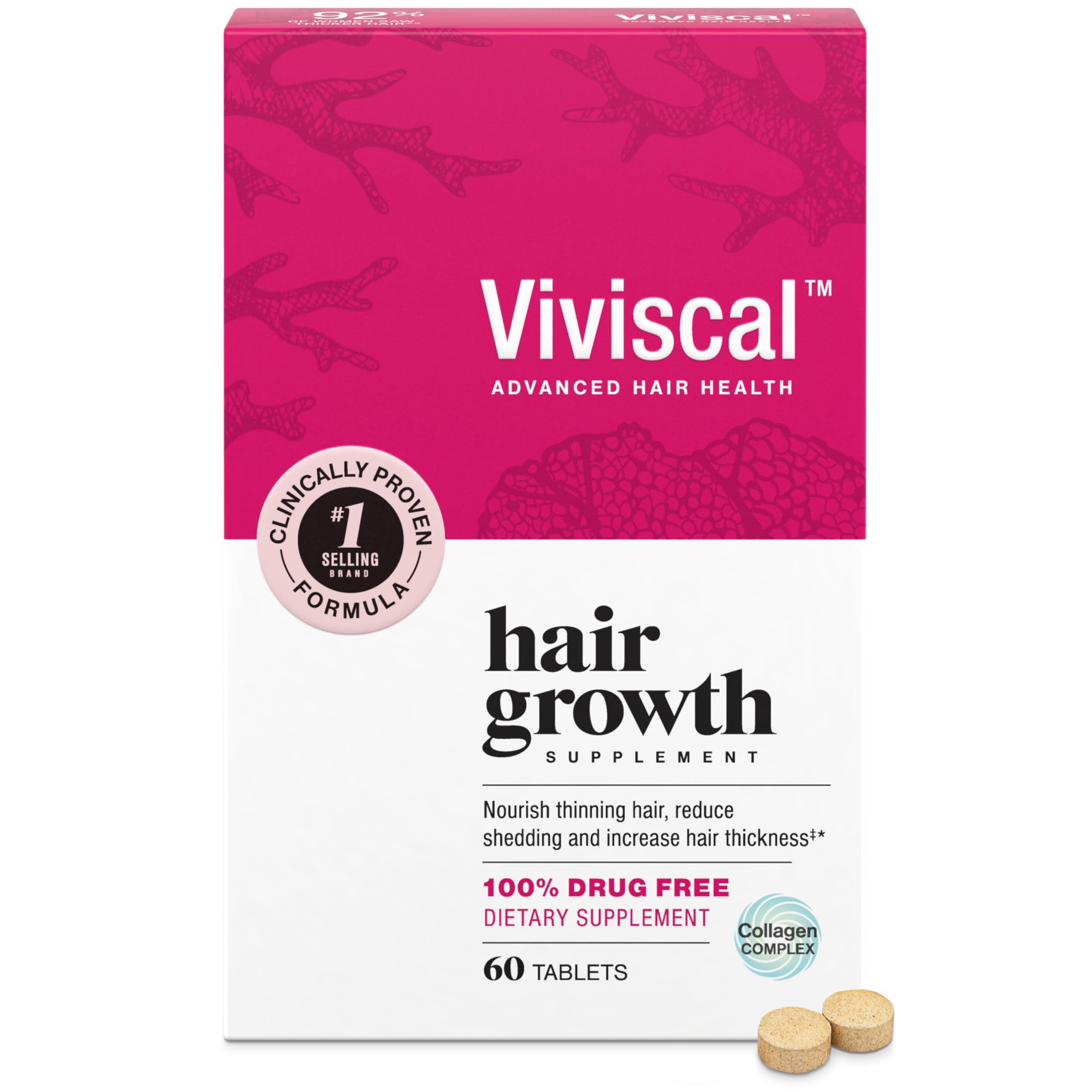 Viviscal Hair Growth Supplements for Women, Dietary Hair Supplement Tablets With AminoMar Collagen Complex, Biotin, Zinc, Vitamin C, and Iron, Nourish Thinning Hair, 30 Day Supply, 60 Count