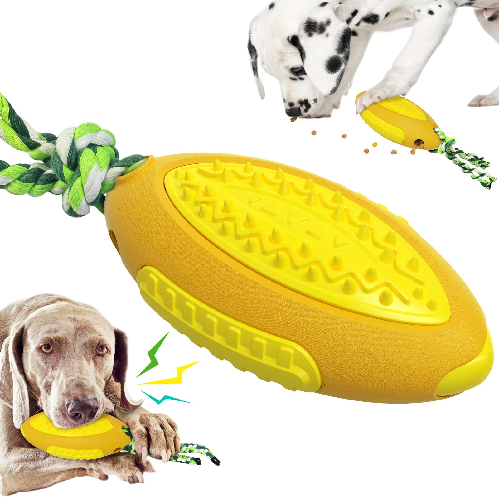 QENETY Dog Chew Toys Tough Dog Ball with Funny Sound, Dog Treat Dispenser Toy Ball Bite Resistant Interactive Toy Non-Toxic Chew Toys (Yellow)