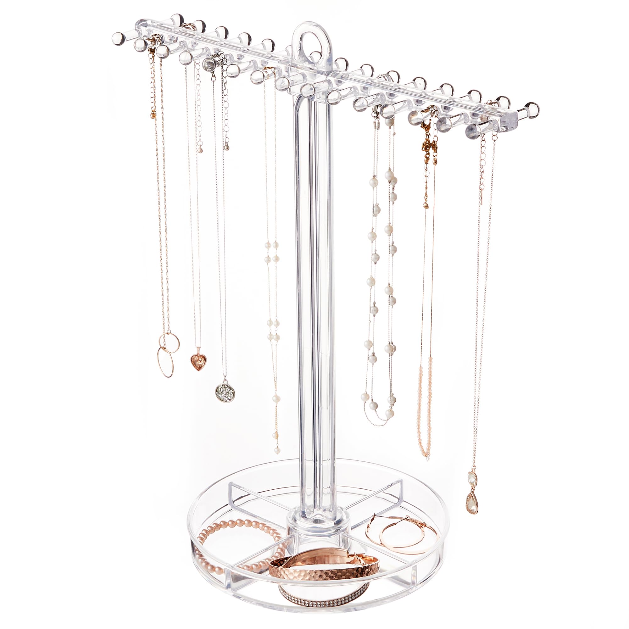 STORiSTORi Clear Plastic Hanging Necklace Organizer Stand - Display & Sort Jewelry in the Bottom Divided Tray, Necklace Holder with 30 Peg Hangers - Made in USA