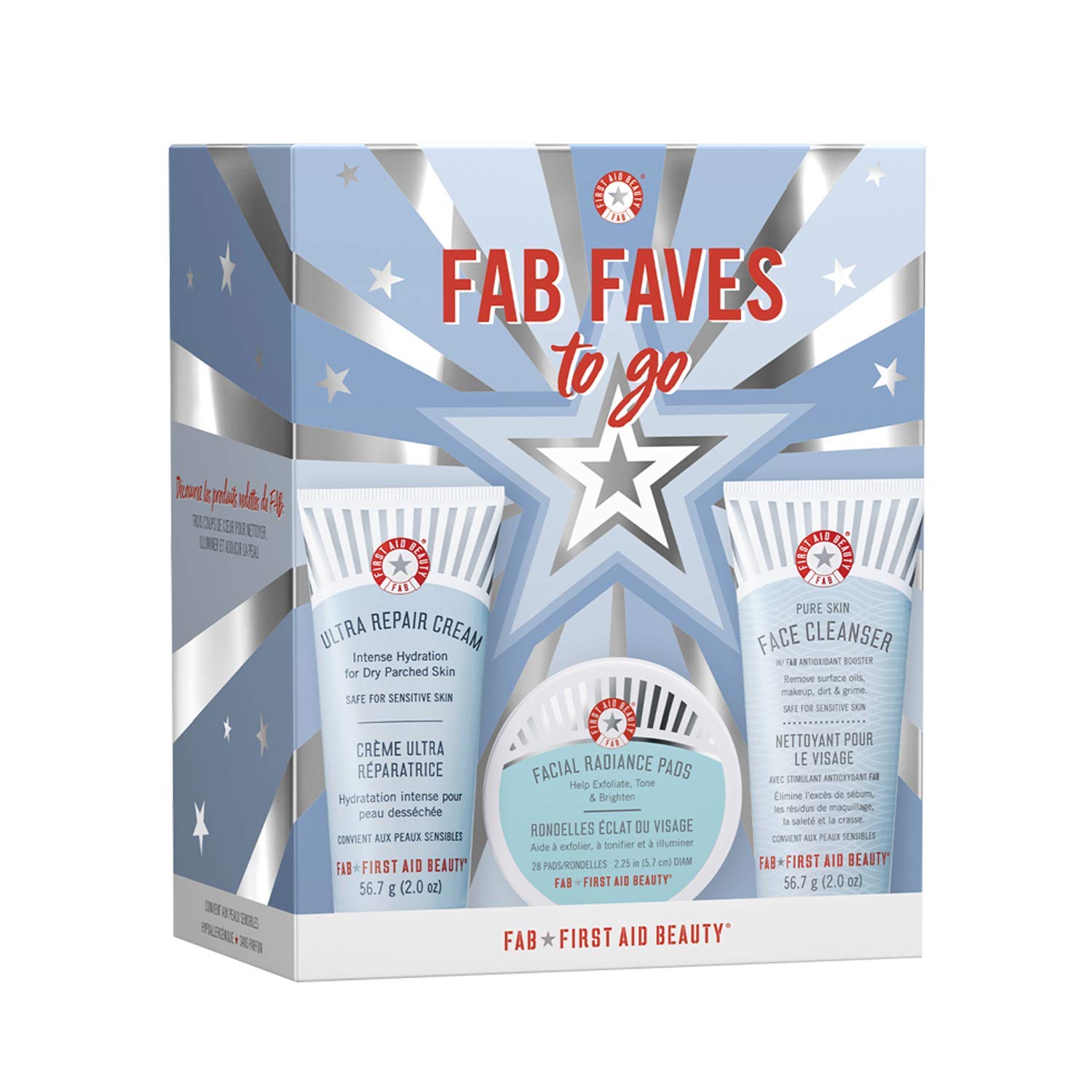 First Aid Beauty FAB Faves to Go Kit: Travel Size Face Cleanser, Exfoliator Pads and Moisturiser