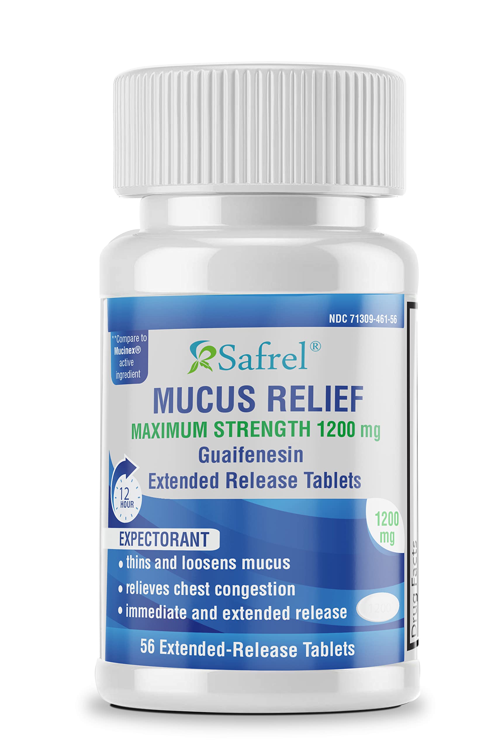 Safrel Mucus Relief Guaifenesin 1200mg | 12 Hr Support (56 Count) Extended-Release Tablets | Thins and Loosens Mucus, Relieves Nasal & Chest Congestion | Cough, Cold, Flu Relief | Mucinex Generic