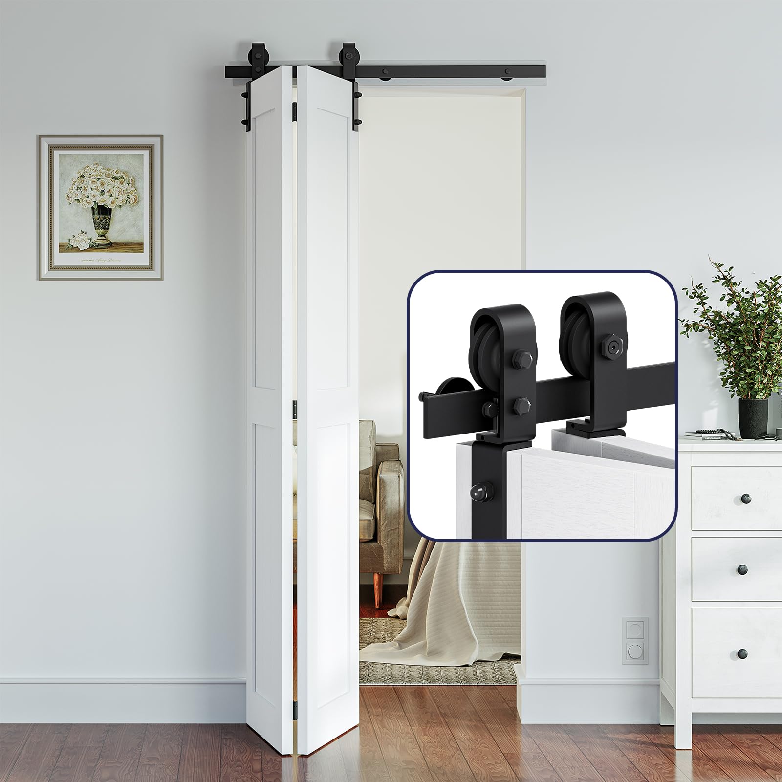 SMARTSTANDARD2.3ft/28'' Bi-Folding Sliding Barn Door Hardware Kit, Bifold Barn Door Hardware Heavy Duty Sturdy Side Mounted for 2 Doors -Smoothly and Quietly-Easy to Install, Fit 24'' Door, No Doors