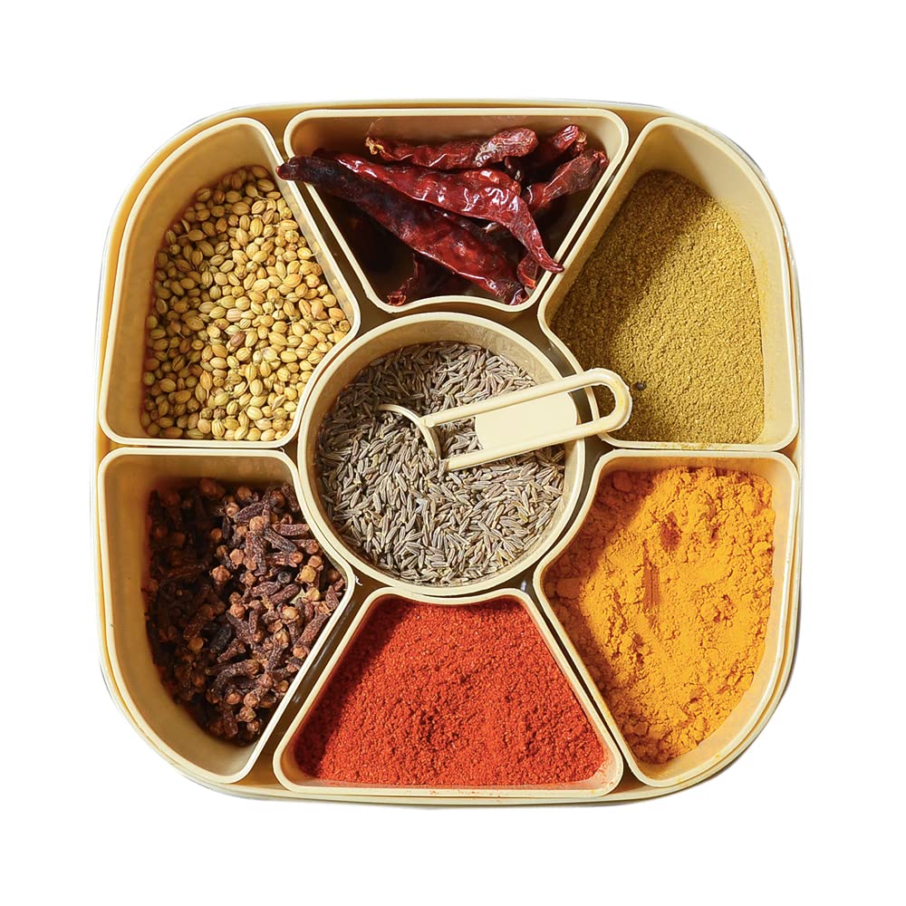 Jemiz Plastic Masala Box for Kitchen, Rangoli | Spice | Masala Container Multipurpose Box (Dabba) - 7 Sections, 700 Ml, Assorted Colour (DarkLight)