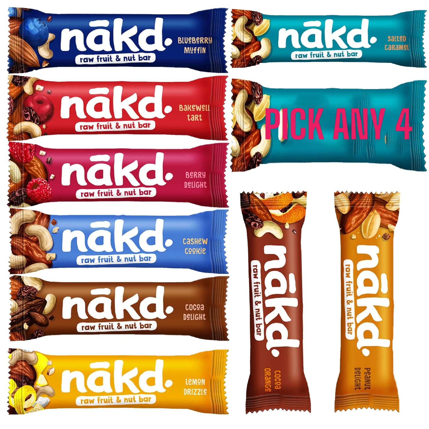 Nakd Raw Fruit & Nut Bars 35g | Pick & Mix Any 4 Bars | Vegan & Gluten Free | 3 Bars of Each Selection | Total 12 x 35g