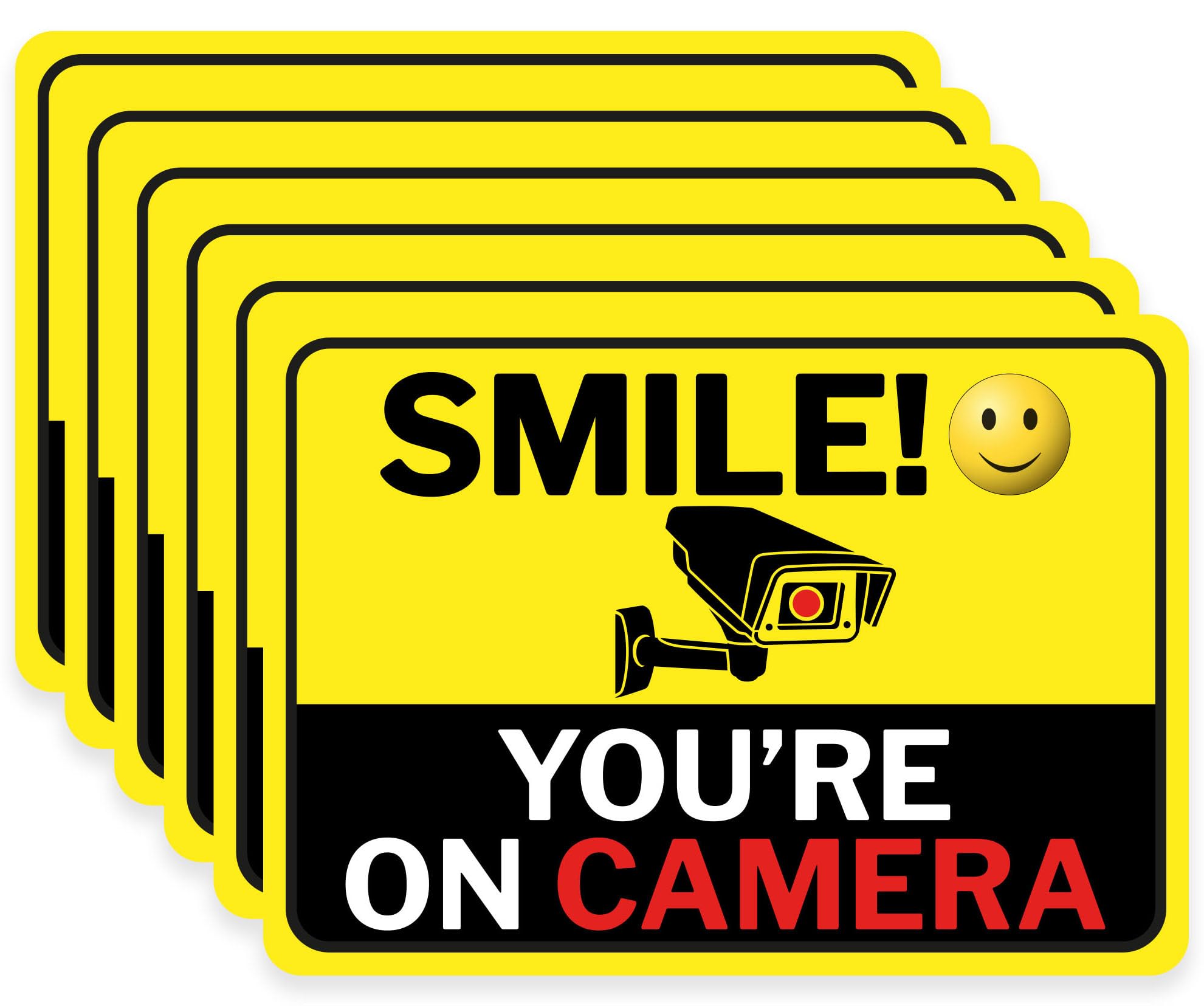 Smile You're On Camera Sign, Double-Sided 6 Pack 2.5"x3.5" Vinyl Decals for Video Surveillance Signs in/Outdoor, Laminated for UV & Water, Warning Signs, Security Signs, Camera Sign