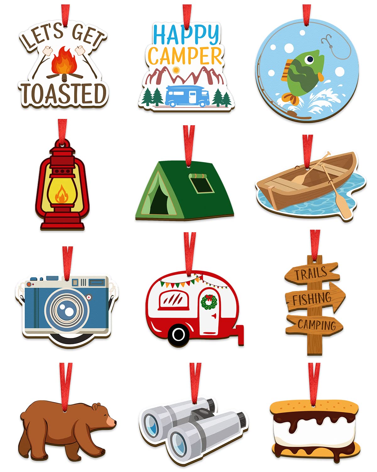 Camping Christmas Ornaments Happy Camper Smore Wooden Hanging Collections Xmas for Christmas Tree Home Decor Winter Themed Party Favors Set of 12